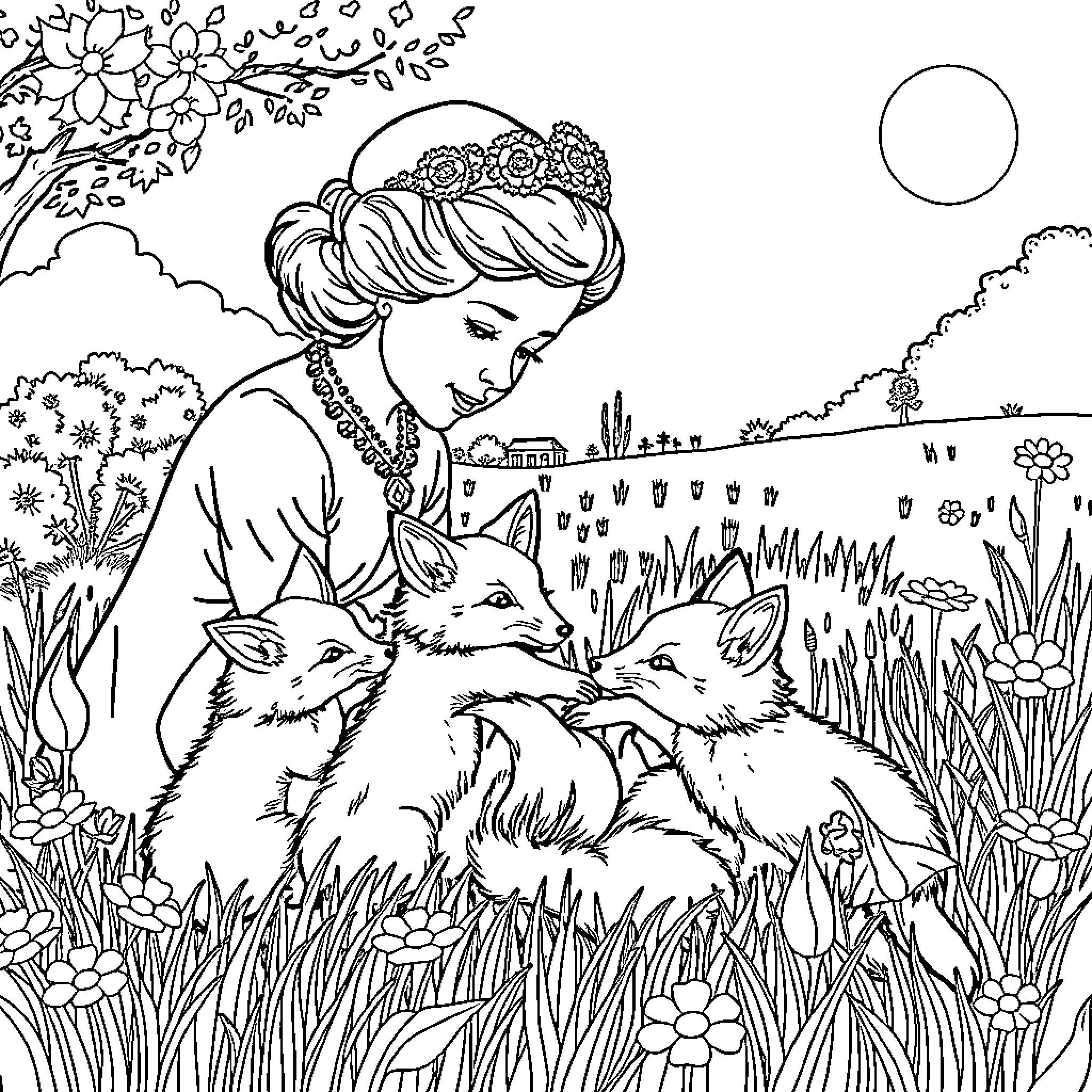 Elizabeth II interacting with animals in a natural setting Coloring Page (free black-and-white line drawing printable PDF for all, from beginners to advanced learners, including children, teens, adults, and seniors)