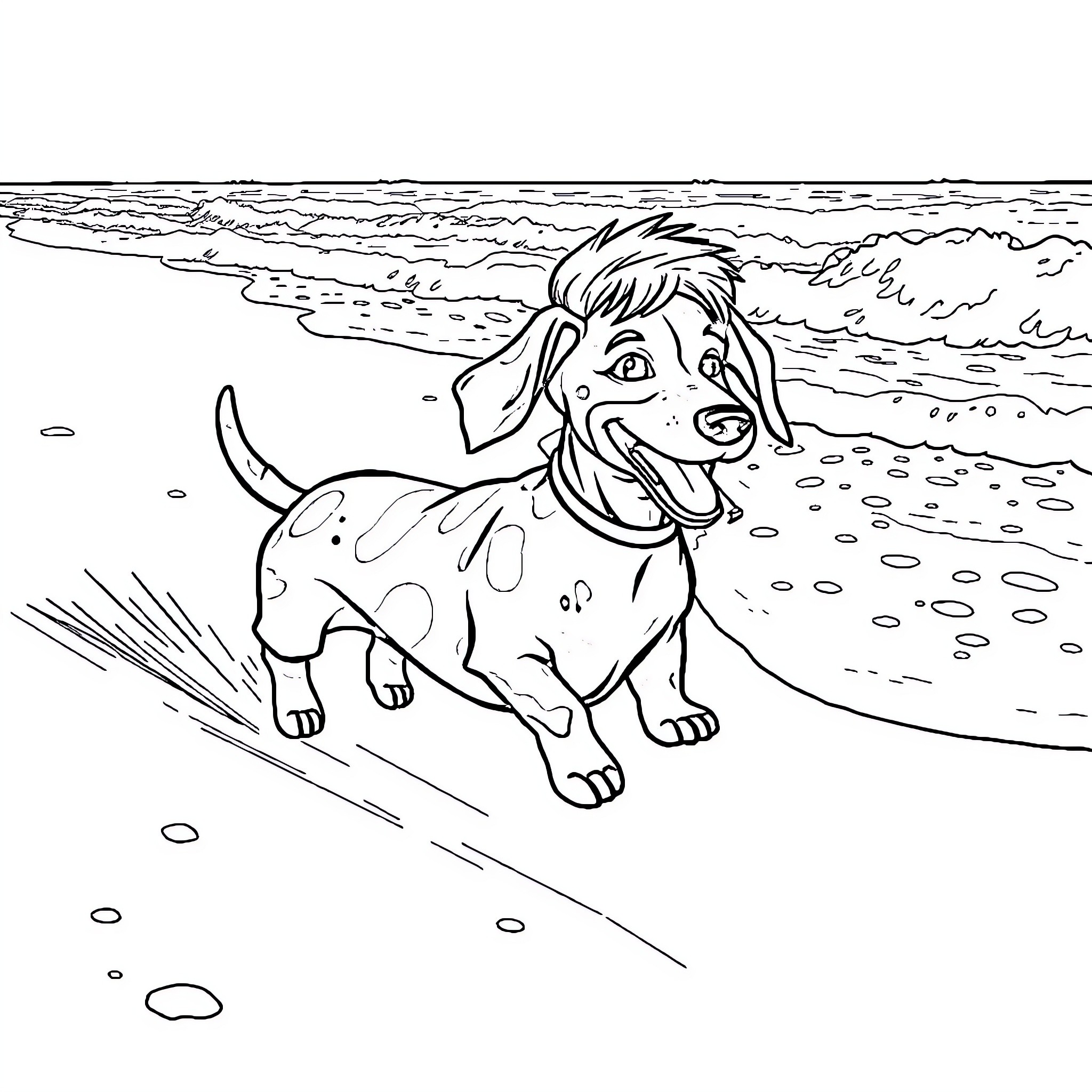 Dachshund frolicking cheerfully on the beach Coloring Page (free black-and-white line drawing printable PDF for all, from beginners to advanced learners, including children, teens, adults, and seniors)