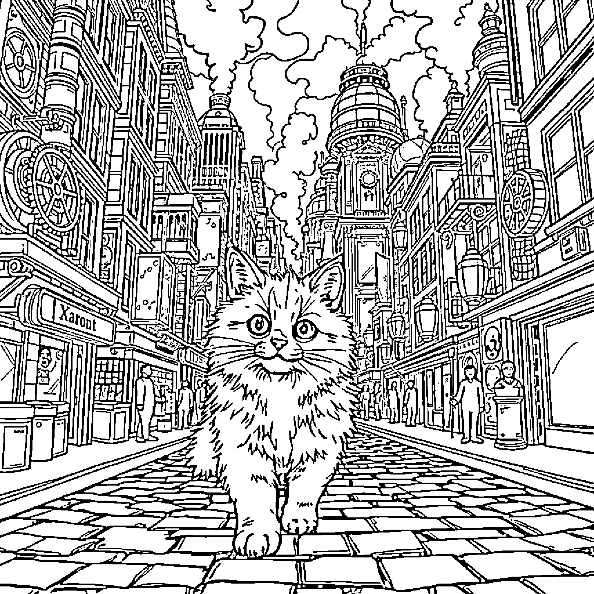 Cat exploring the bustling city streets Coloring Page (free black-and-white line drawing printable PDF for all, from beginners to advanced learners, including children, teens, adults, and seniors)