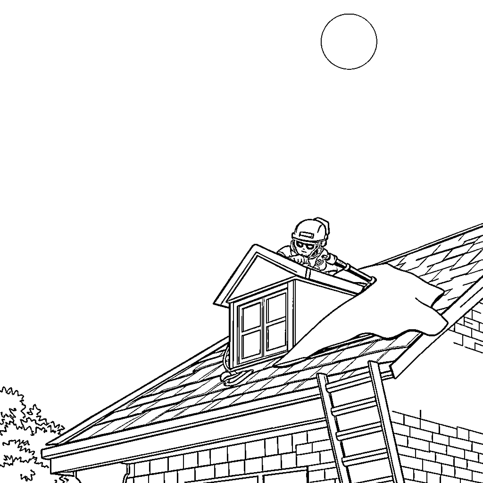 Roof repair worker inspecting damaged roof Coloring Page (free black-and-white line drawing printable PDF for all, from beginners to advanced learners, including children, teens, adults, and seniors)