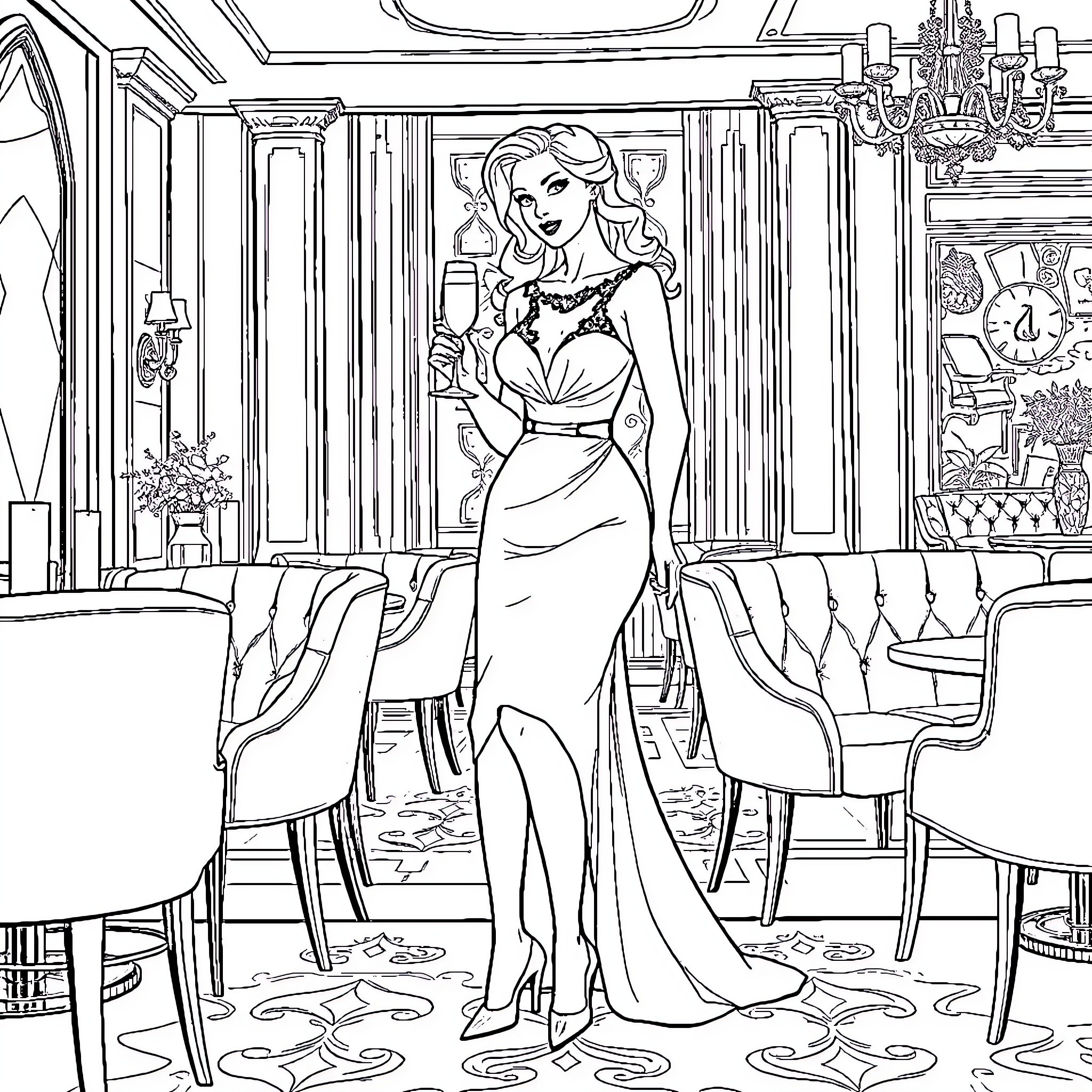Wanda posing elegantly in a grand dining room Coloring Page (free black-and-white line drawing printable PDF for all, from beginners to advanced learners, including children, teens, adults, and seniors)