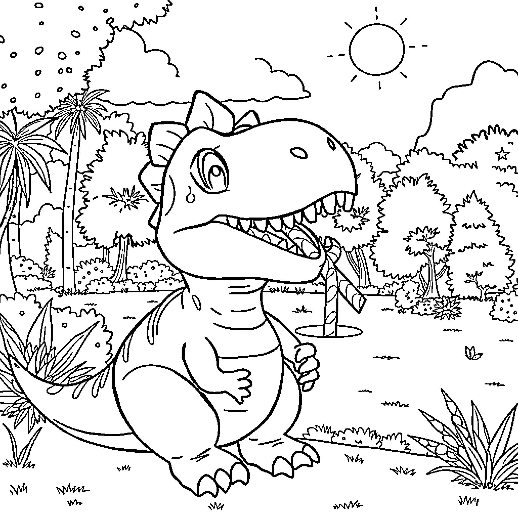 T-Rex enjoying a sunny day in the jungle Coloring Page (free black-and-white line drawing printable PDF for all, from beginners to advanced learners, including children, teens, adults, and seniors)