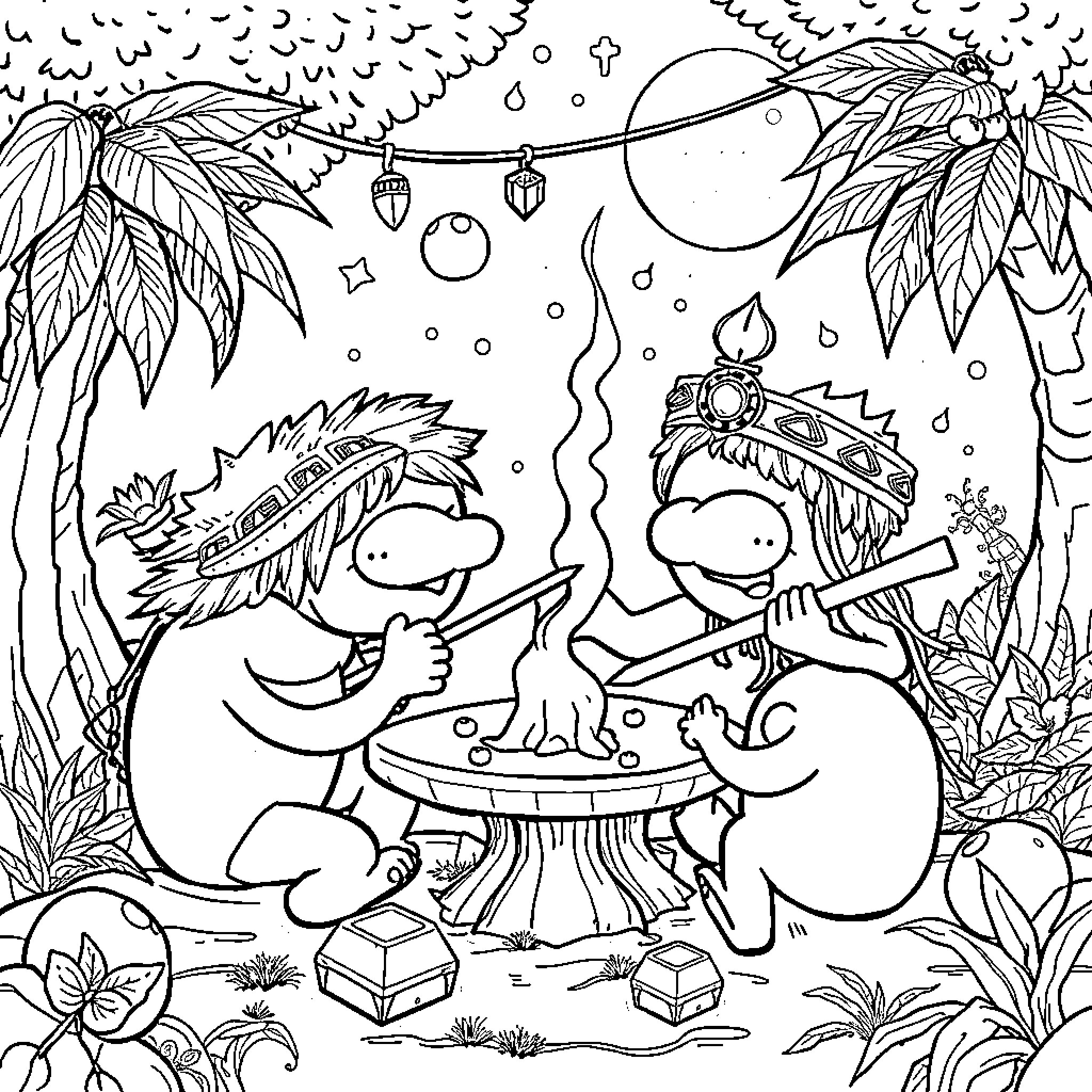 Tlalalero Celebration in the Jungle Coloring Page (free black-and-white line drawing printable PDF for all, from beginners to advanced learners, including children, teens, adults, and seniors)