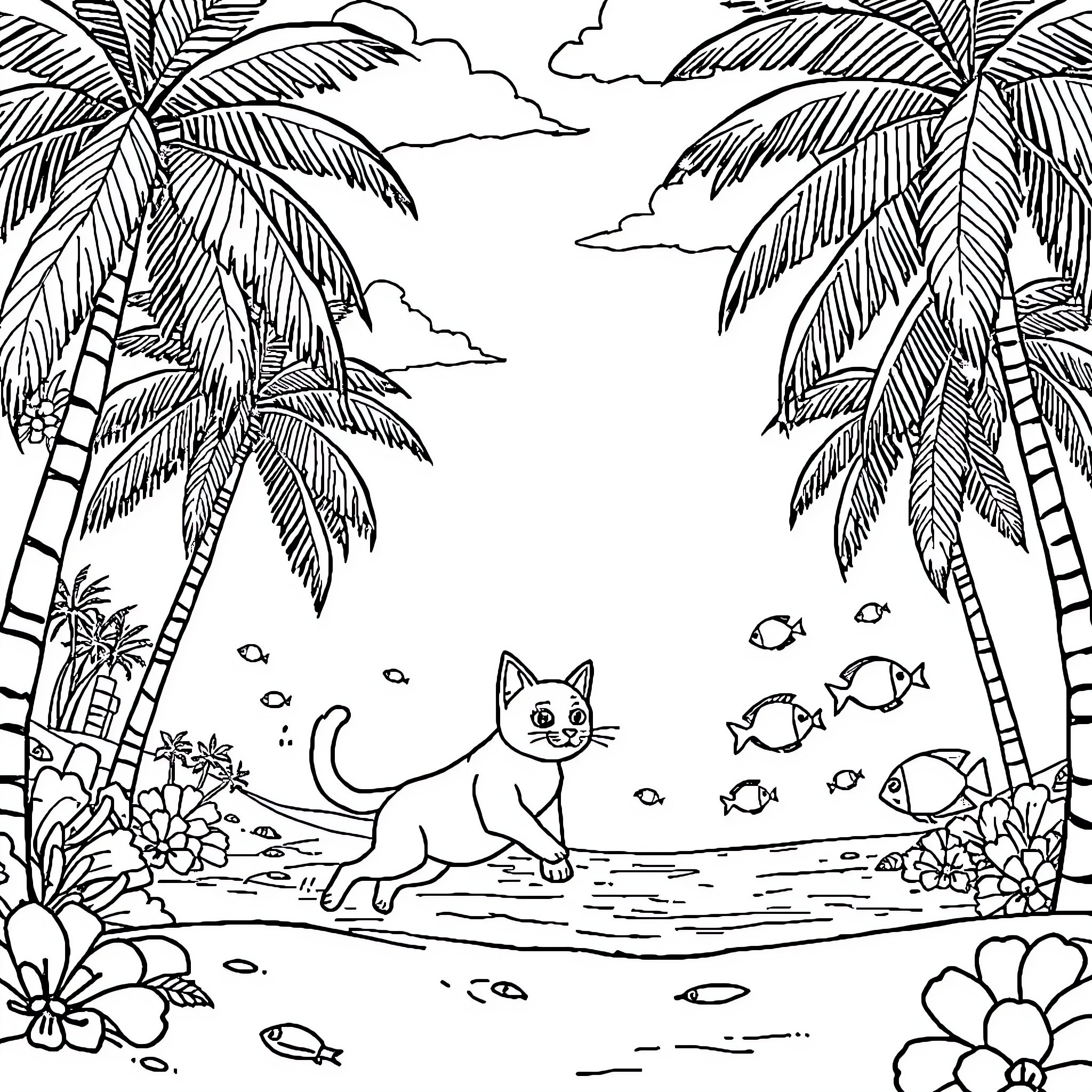 Cat exploring tropical paradise scene Coloring Page (free black-and-white line drawing printable PDF for all, from beginners to advanced learners, including children, teens, adults, and seniors)