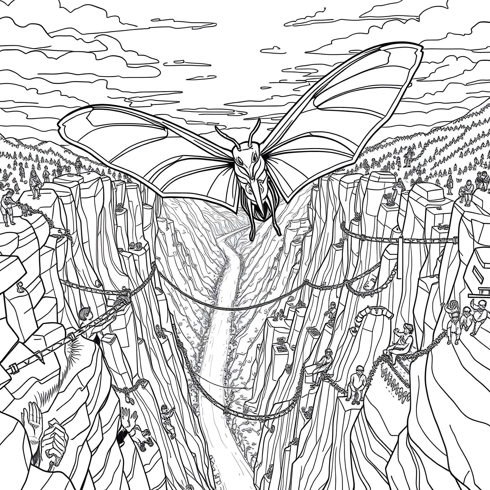 Mothman taking flight over a vast landscape Coloring Page (free black-and-white line drawing printable PDF for all, from beginners to advanced learners, including children, teens, adults, and seniors)