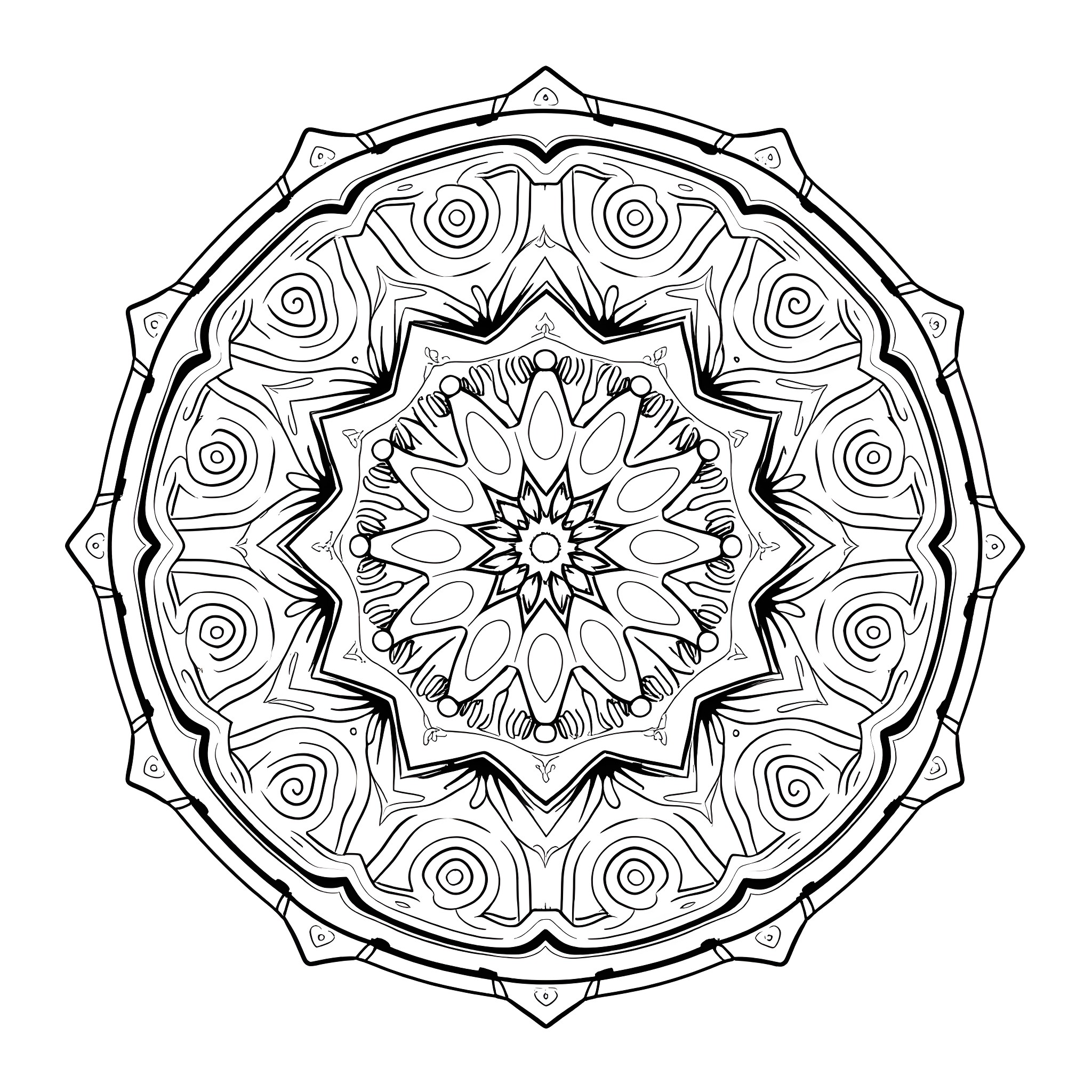 Mandalas with intricate geometric patterns Coloring Page (free black-and-white line drawing printable PDF for all, from beginners to advanced learners, including children, teens, adults, and seniors)