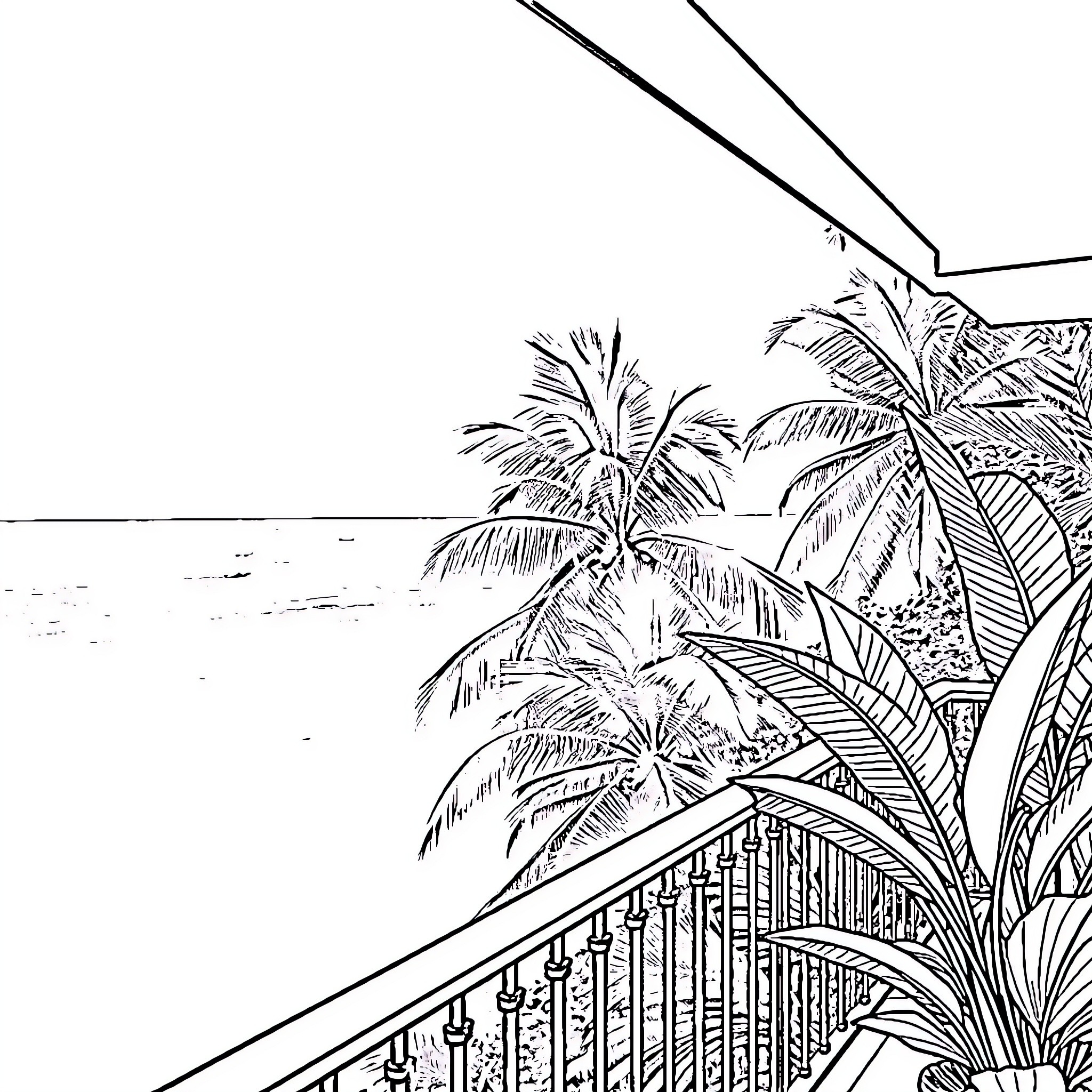 Tropical Balcony with Palm Trees and Ocean View Coloring Page (free black-and-white line drawing printable PDF for all, from beginners to advanced learners, including children, teens, adults, and seniors)