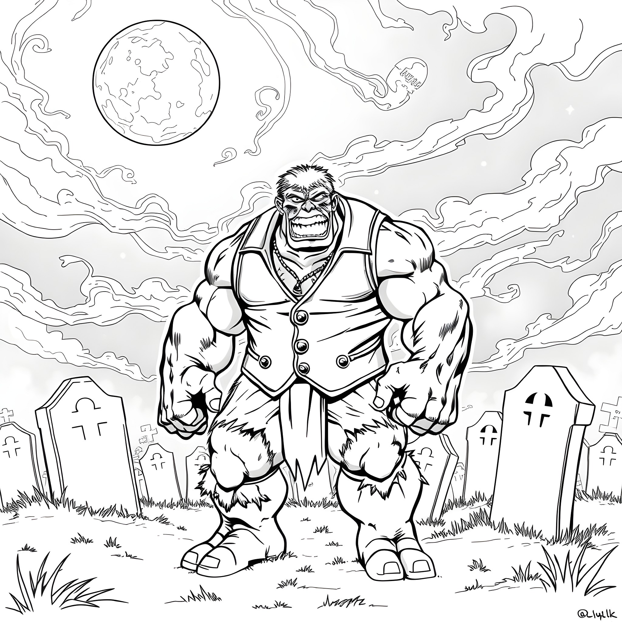 Skulk of a muscular, sinister-looking figure in a cemetery Coloring Page (free black-and-white line drawing printable PDF for all, from beginners to advanced learners, including children, teens, adults, and seniors)