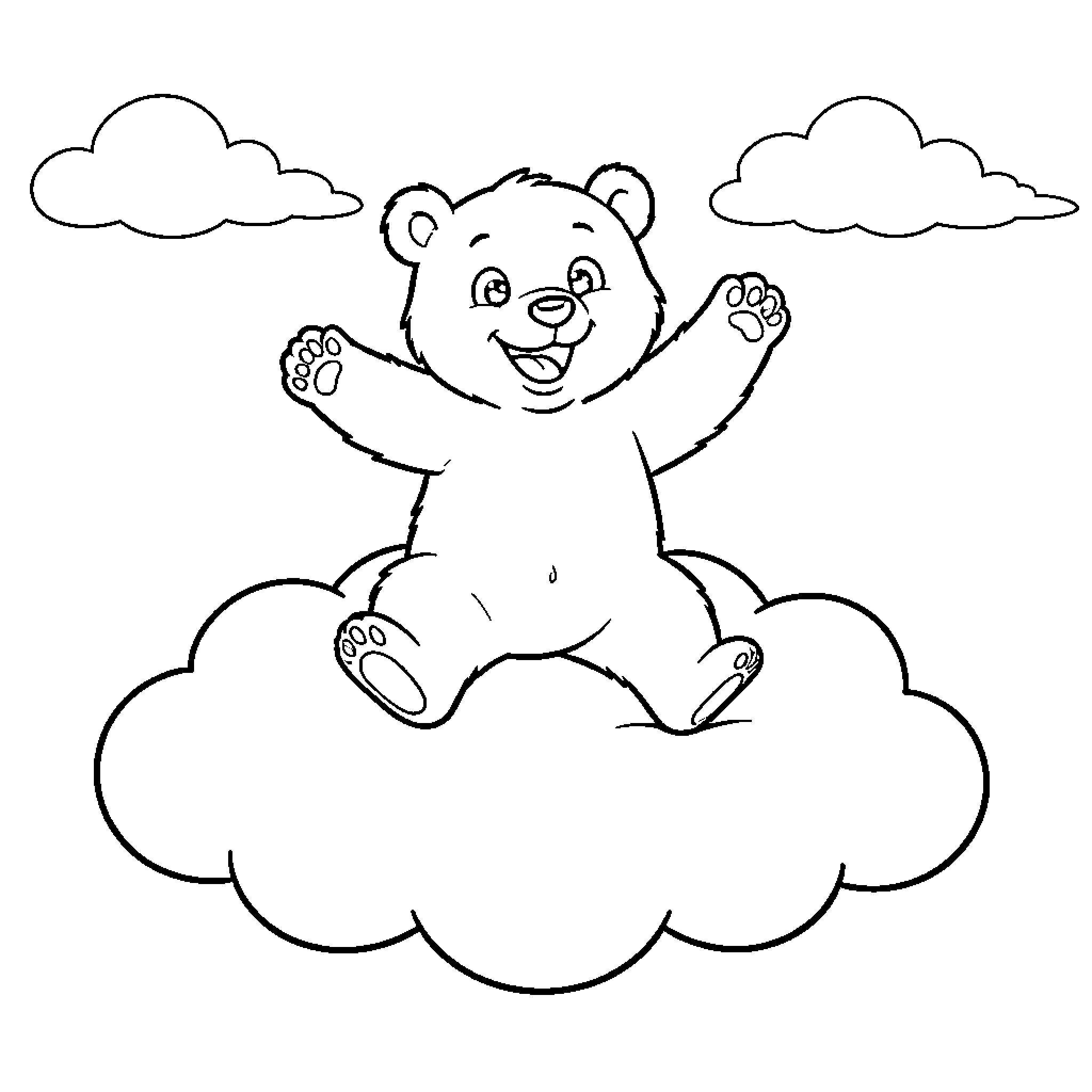 Bear sitting happily on a cloud Coloring Page (free black-and-white line drawing printable PDF for all, from beginners to advanced learners, including children, teens, adults, and seniors)