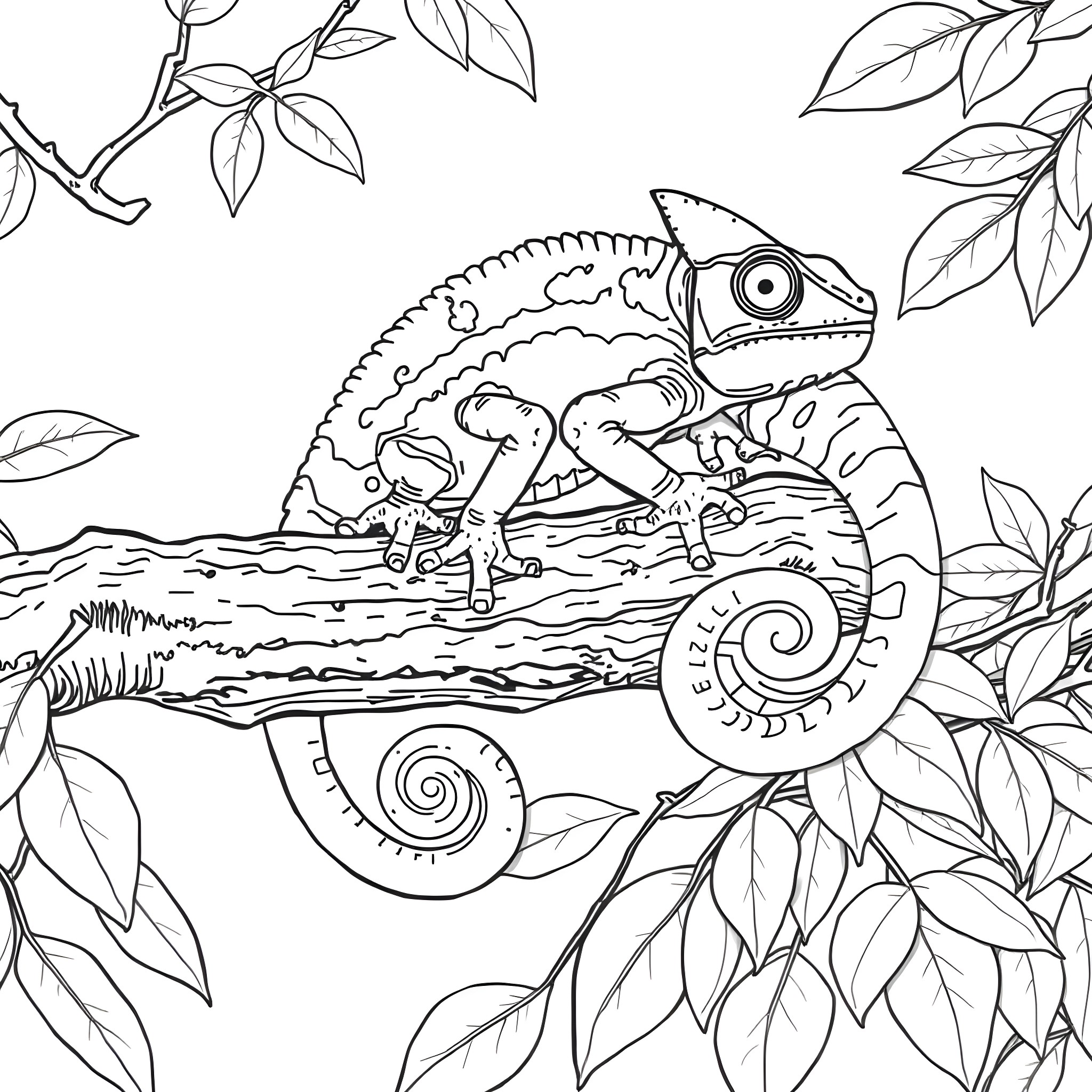 Chameleon exploring the lush, leafy foliage Coloring Page (free black-and-white line drawing printable PDF for all, from beginners to advanced learners, including children, teens, adults, and seniors)