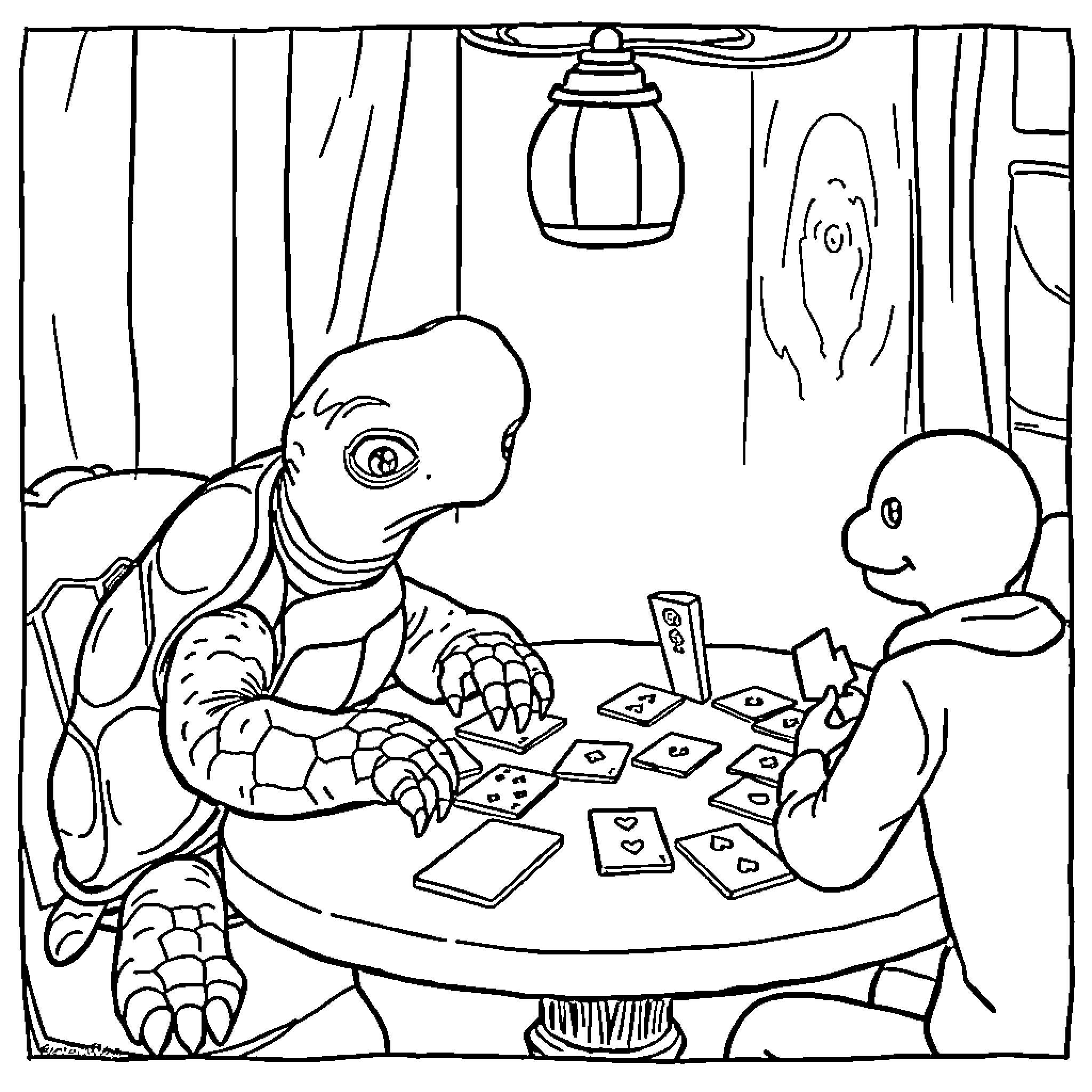 Turtle playing cards with friend Coloring Page (free black-and-white line drawing printable PDF for all, from beginners to advanced learners, including children, teens, adults, and seniors)