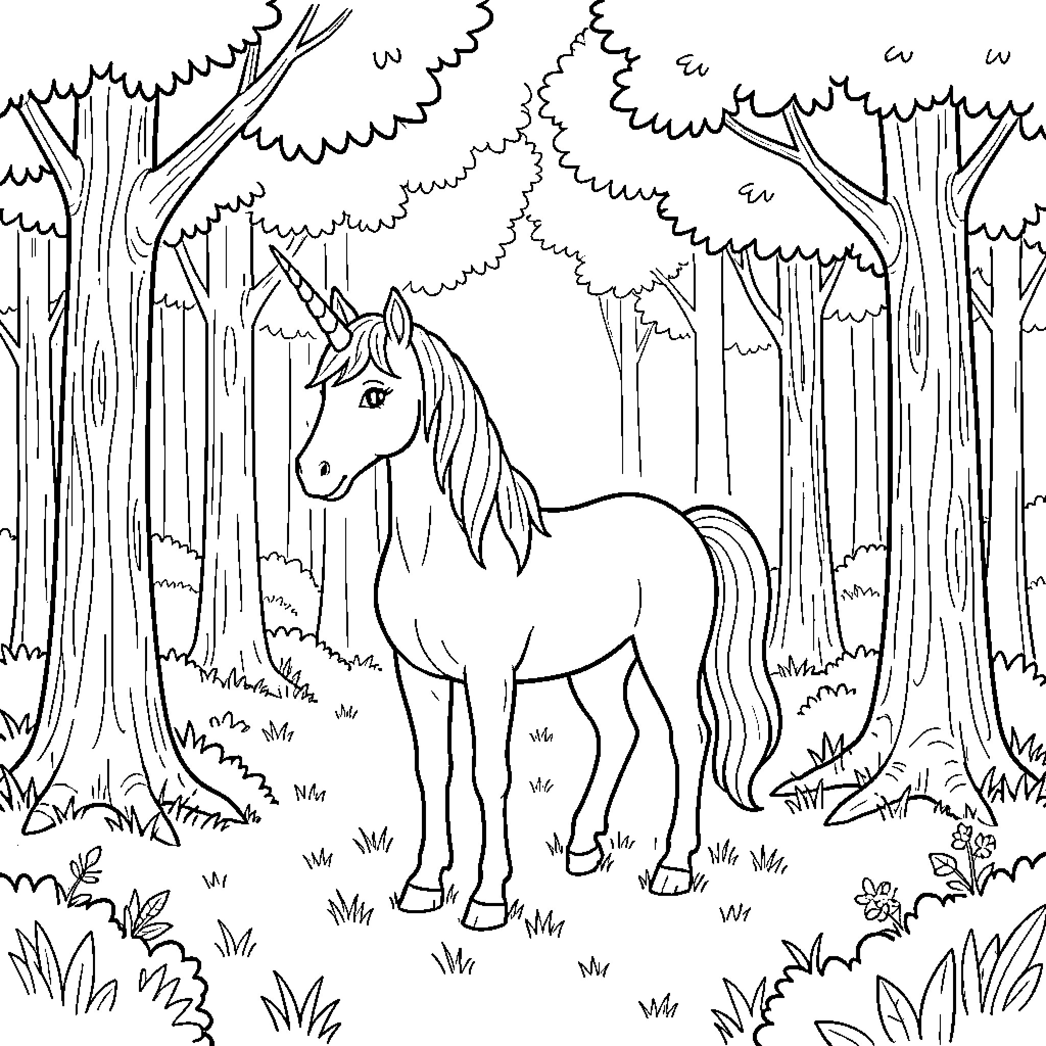 Unicorn standing peacefully in a lush forest Coloring Page (free black-and-white line drawing printable PDF for all, from beginners to advanced learners, including children, teens, adults, and seniors)