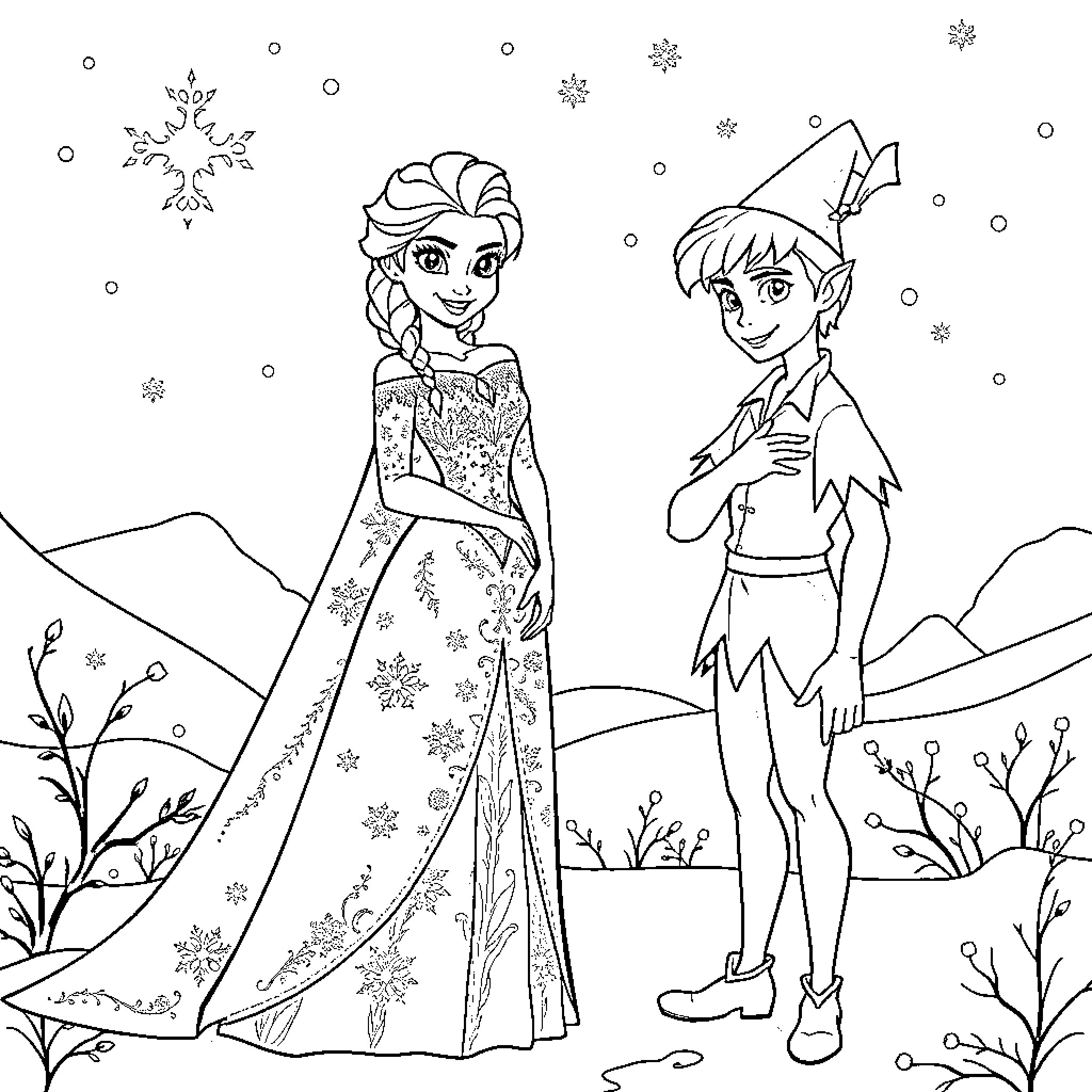 Elsa and Peter Pan in a snowy winter wonderland Coloring Page (free black-and-white line drawing printable PDF for all, from beginners to advanced learners, including children, teens, adults, and seniors)
