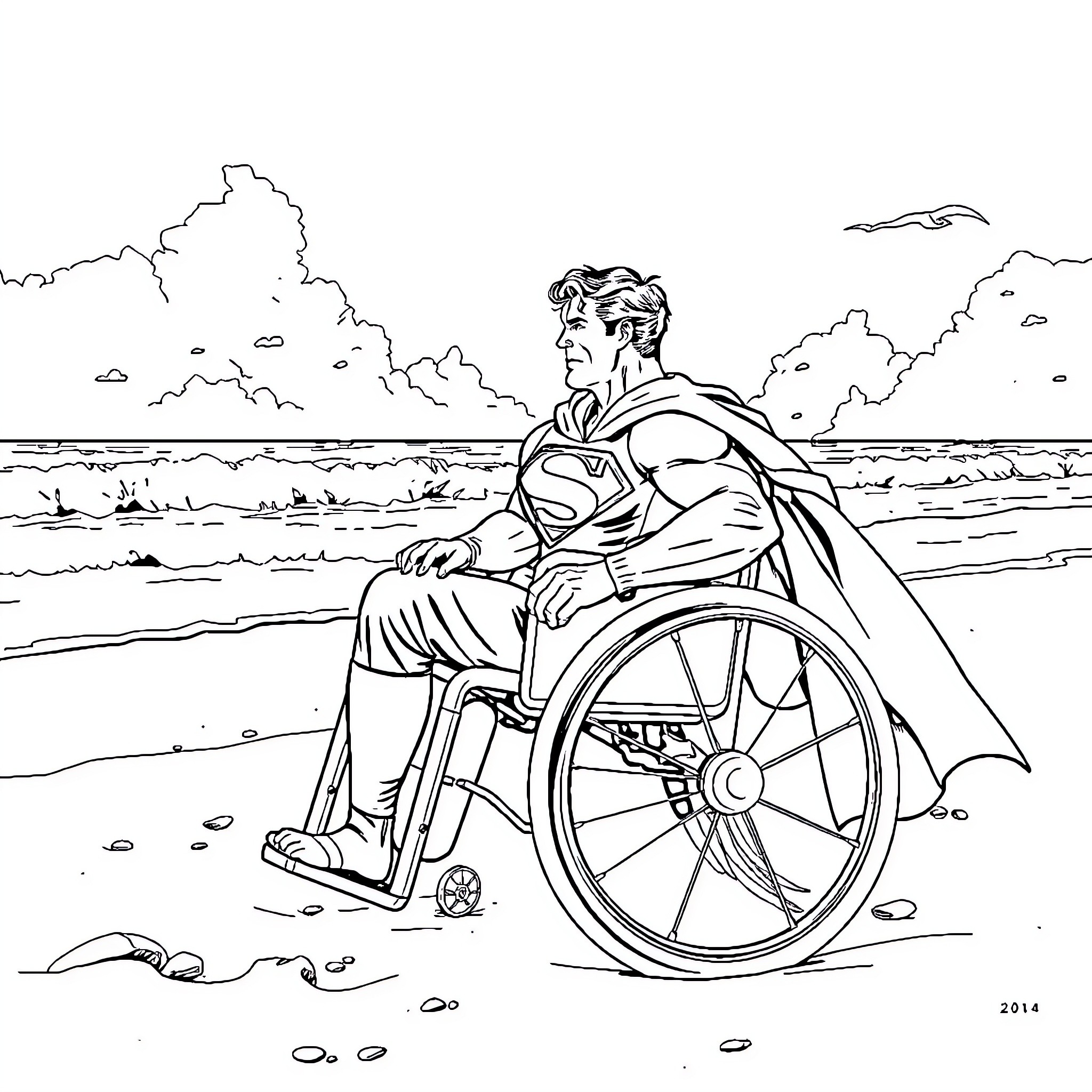 Superman in wheelchair on the beach Coloring Page (free black-and-white line drawing printable PDF for all, from beginners to advanced learners, including children, teens, adults, and seniors)