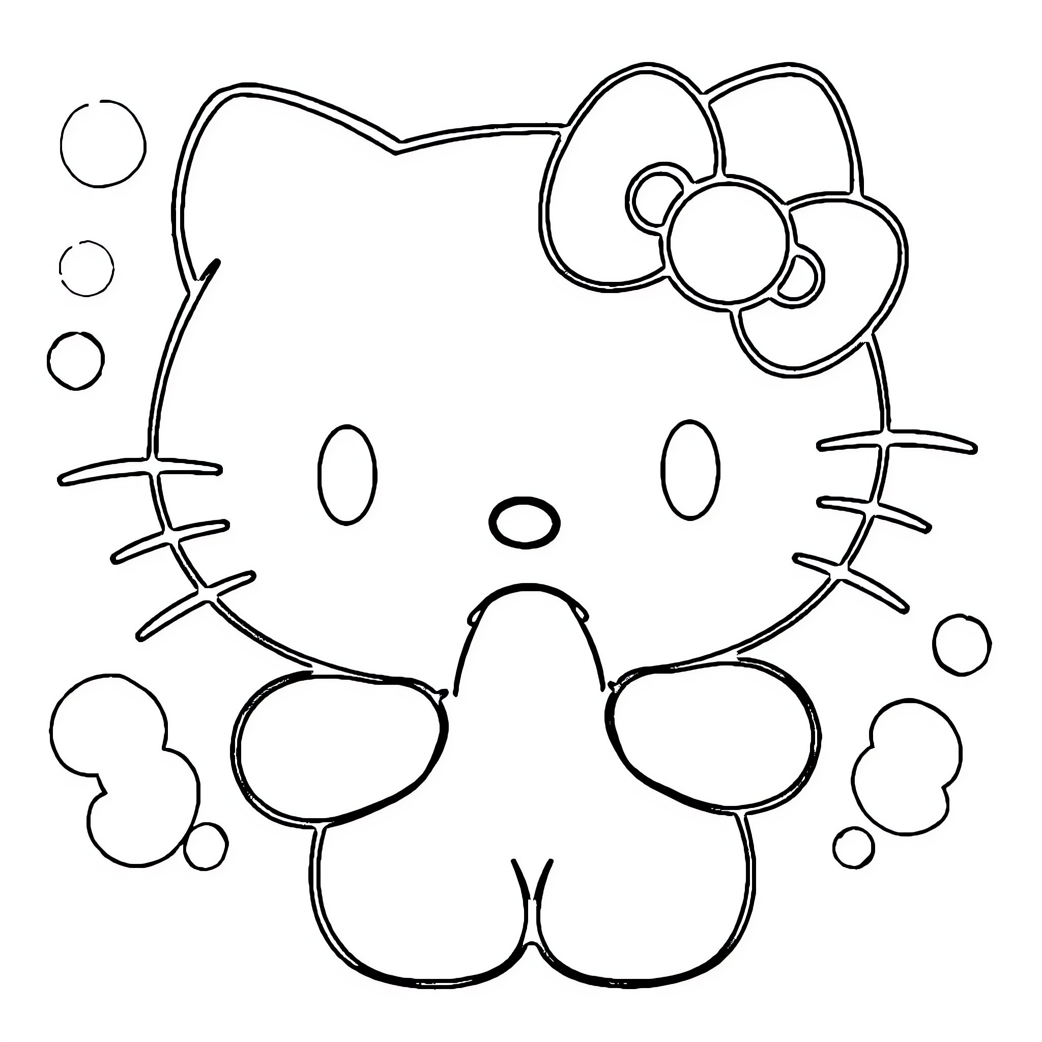 Hello Kitty in a whimsical line art scene Coloring Page (free black-and-white line drawing printable PDF for all, from beginners to advanced learners, including children, teens, adults, and seniors)
