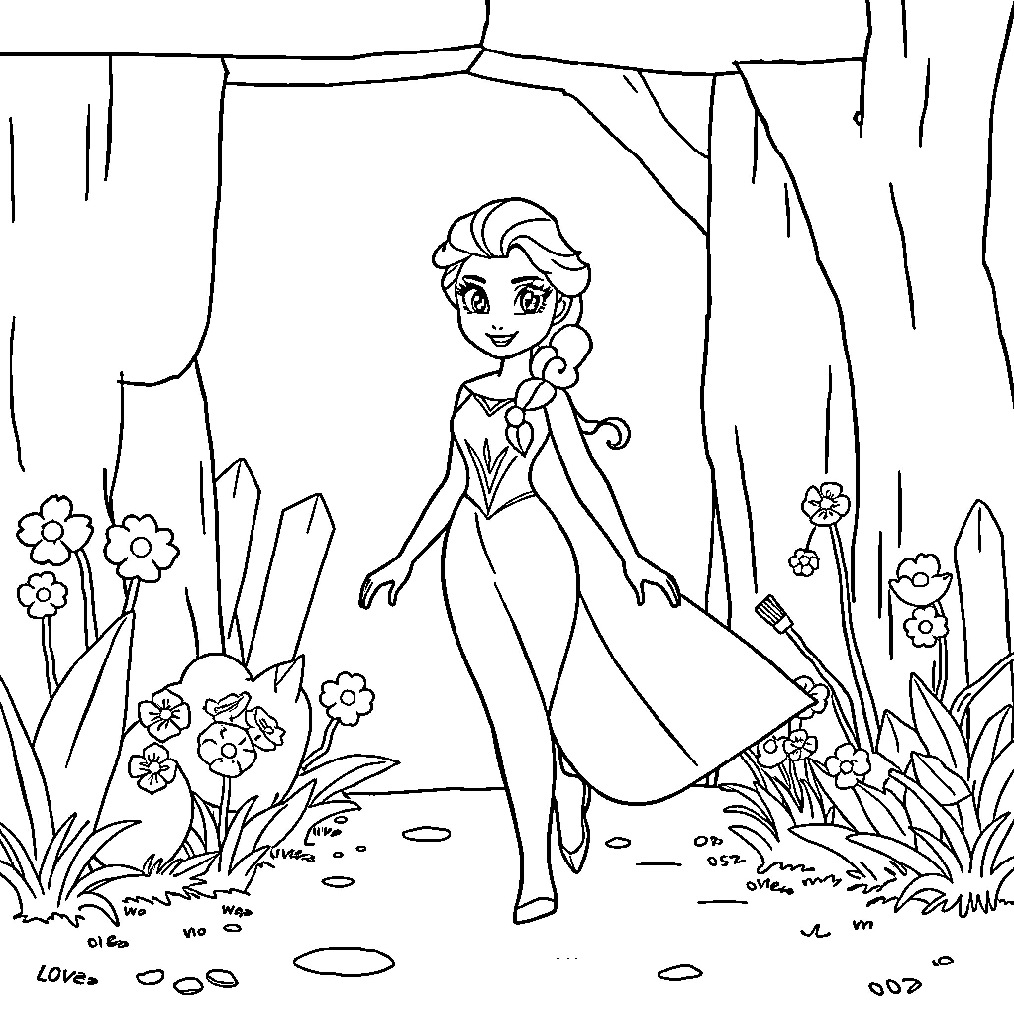 Elsa exploring the enchanted forest Coloring Page (free black-and-white line drawing printable PDF for all, from beginners to advanced learners, including children, teens, adults, and seniors)