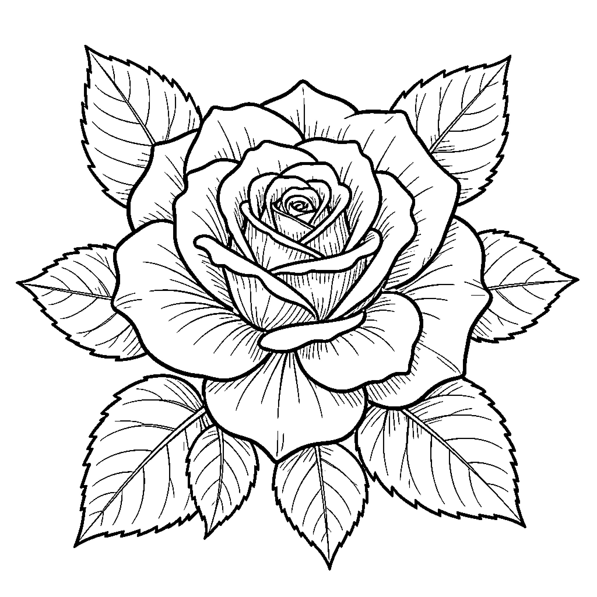 Rose blooming elegantly surrounded by lush leaves Coloring Page (free black-and-white line drawing printable PDF for all, from beginners to advanced learners, including children, teens, adults, and seniors)
