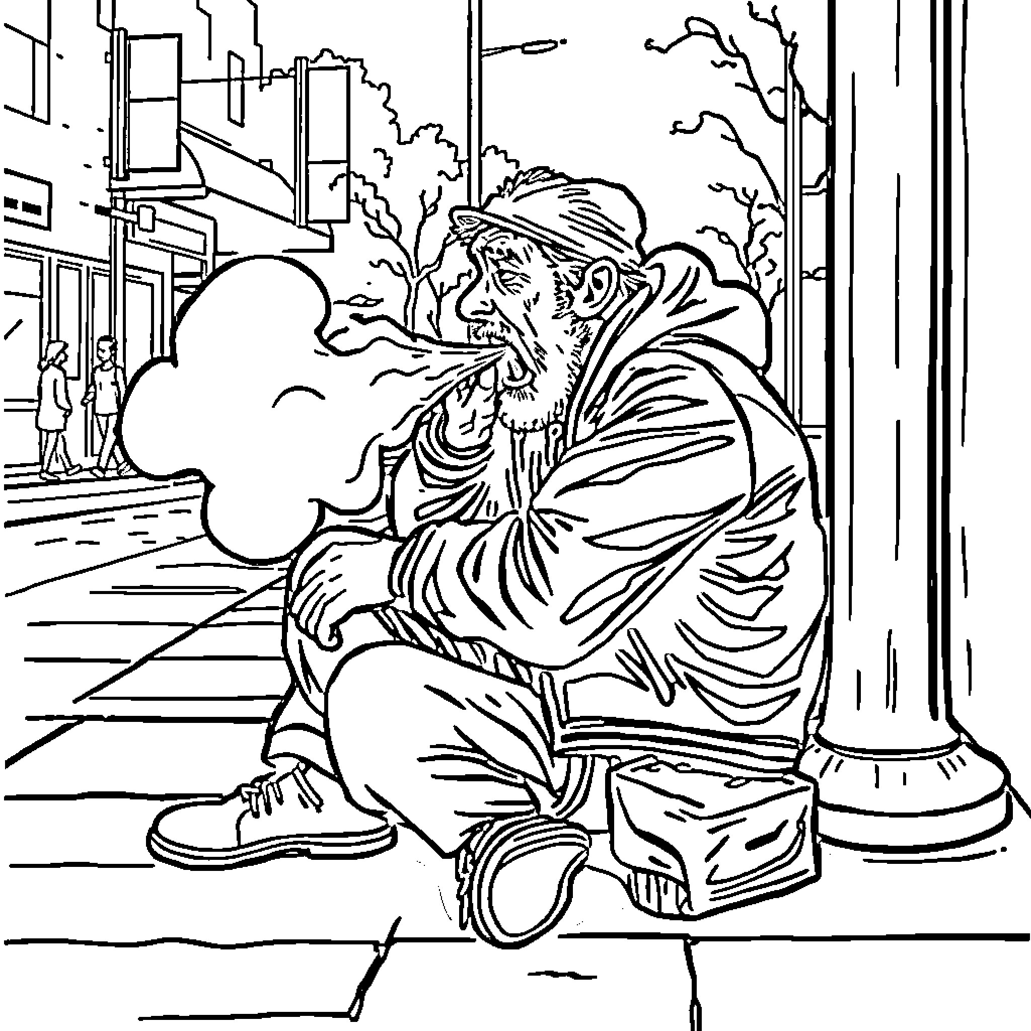 Bum resting on the street Coloring Page (free black-and-white line drawing printable PDF for all, from beginners to advanced learners, including children, teens, adults, and seniors)