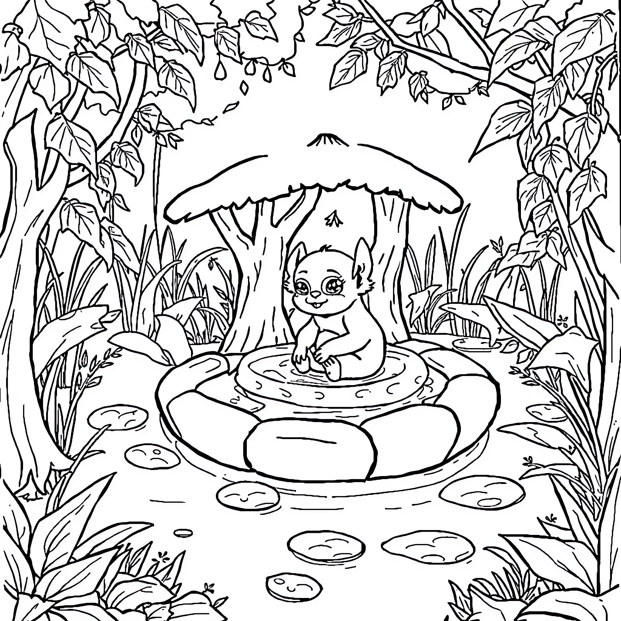 Pondok creature relaxing in pond surrounded by nature Coloring Page (free black-and-white line drawing printable PDF for all, from beginners to advanced learners, including children, teens, adults, and seniors)