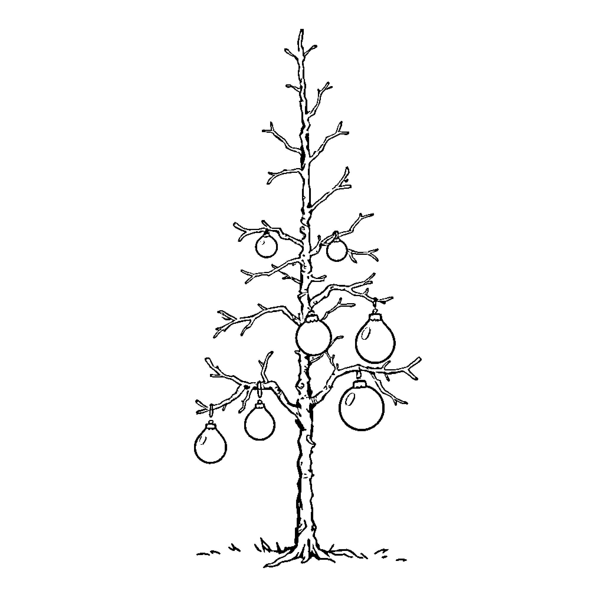 Charlie Brown's Pear Tree with Ornaments Coloring Page (free black-and-white line drawing printable PDF for all, from beginners to advanced learners, including children, teens, adults, and seniors)