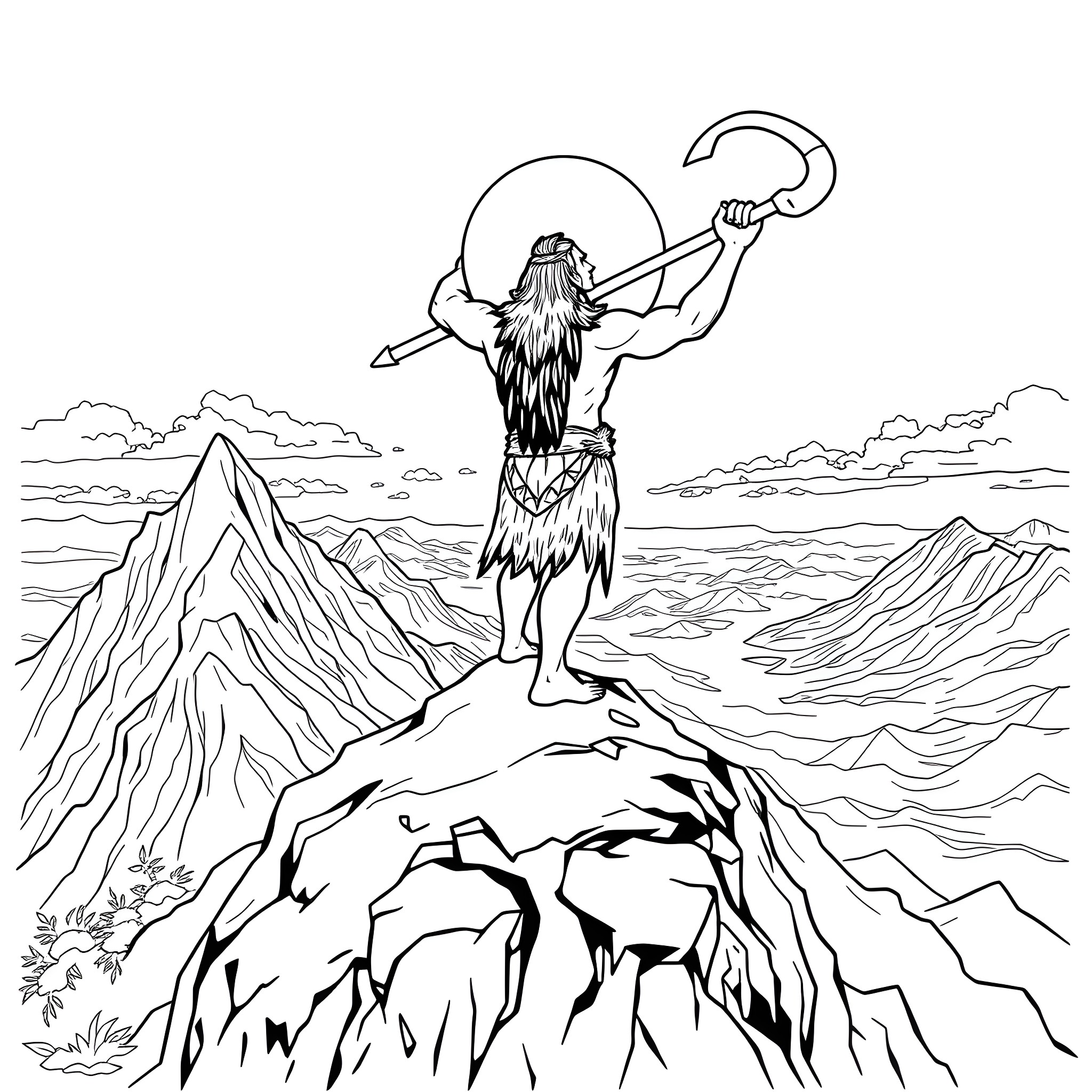 Maui the demigod standing atop a mountain with his hook Coloring Page (free black-and-white line drawing printable PDF for all, from beginners to advanced learners, including children, teens, adults, and seniors)