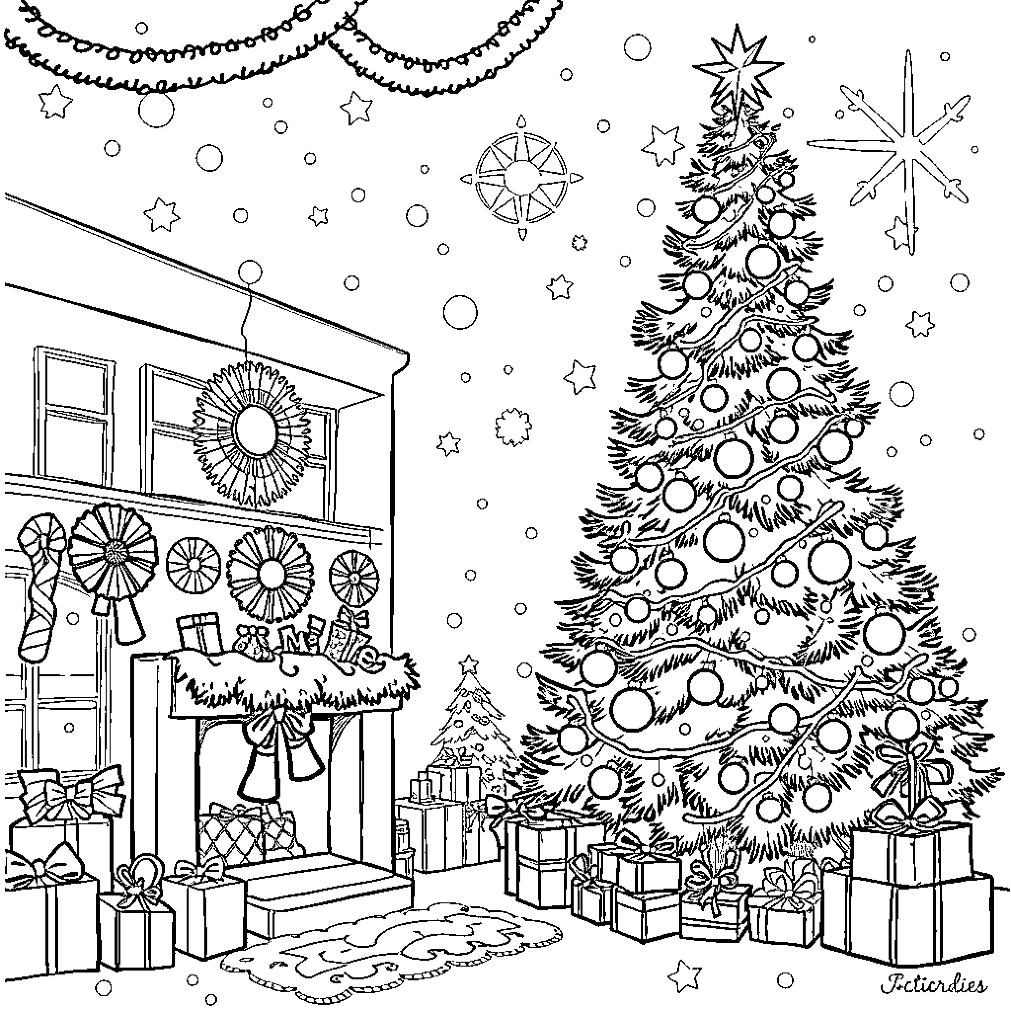 Christmas decorations and festive scene Coloring Page (free black-and-white line drawing printable PDF for all, from beginners to advanced learners, including children, teens, adults, and seniors)