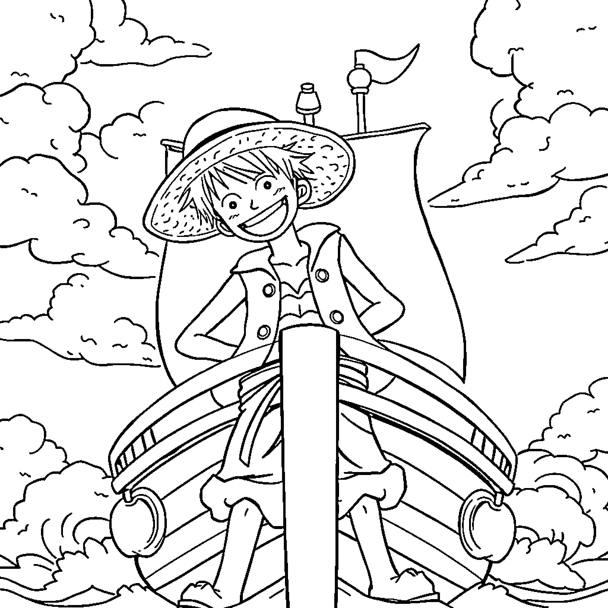 Luffy sailing the seas on his ship Coloring Page (free black-and-white line drawing printable PDF for all, from beginners to advanced learners, including children, teens, adults, and seniors)