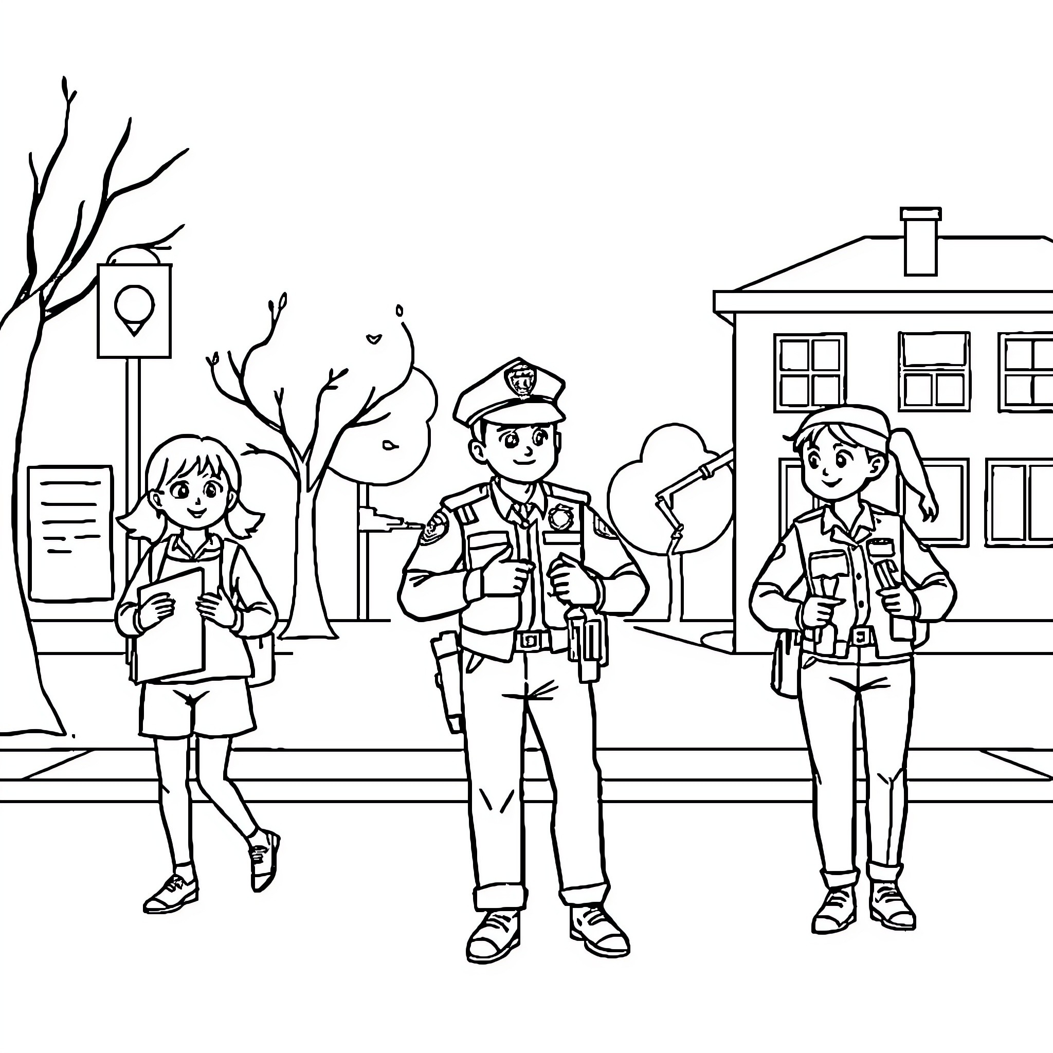 School Students and Police Officers on Patrol Coloring Page (free black-and-white line drawing printable PDF for all, from beginners to advanced learners, including children, teens, adults, and seniors)