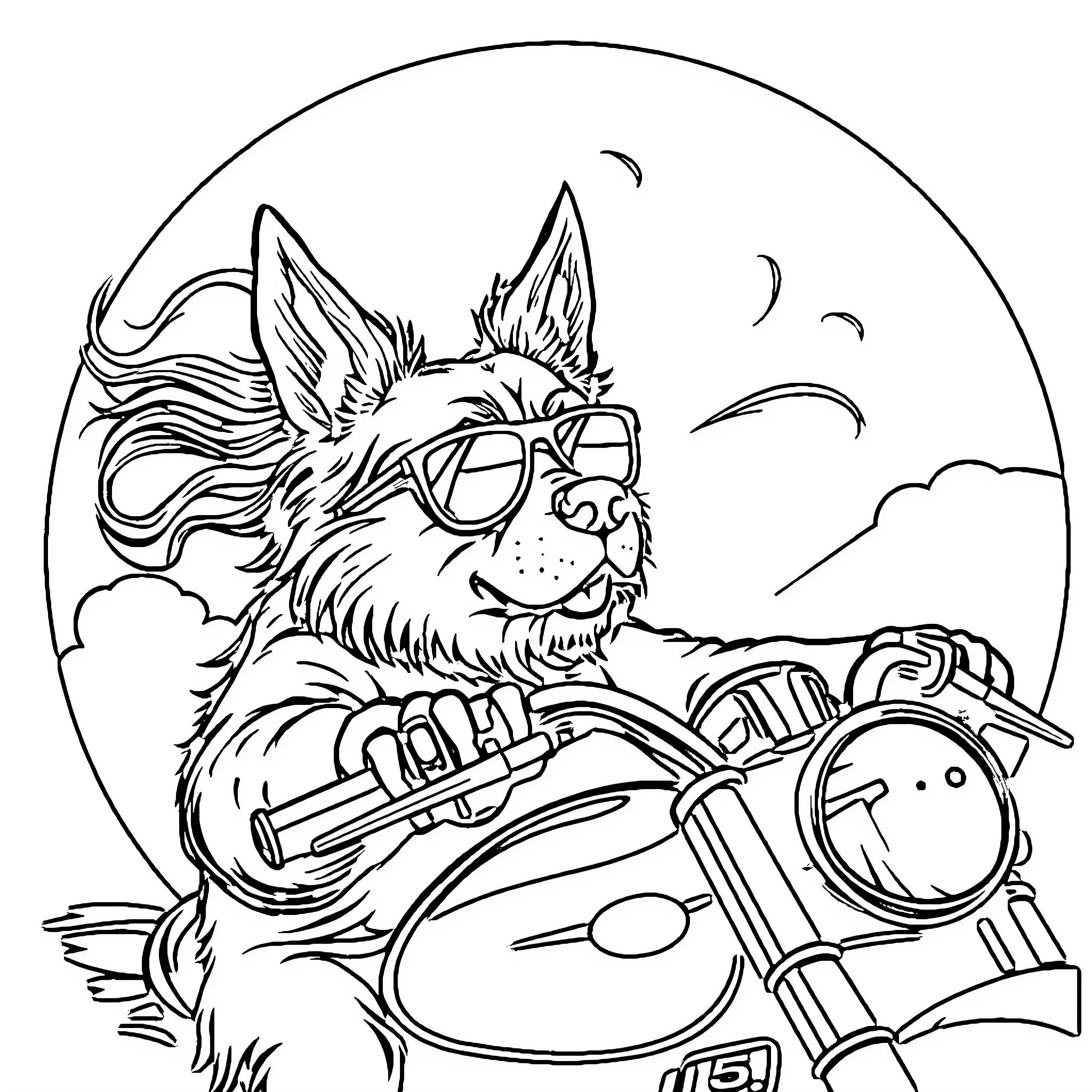 Dog riding motorcycle in the moonlight Coloring Page (free black-and-white line drawing printable PDF for all, from beginners to advanced learners, including children, teens, adults, and seniors)