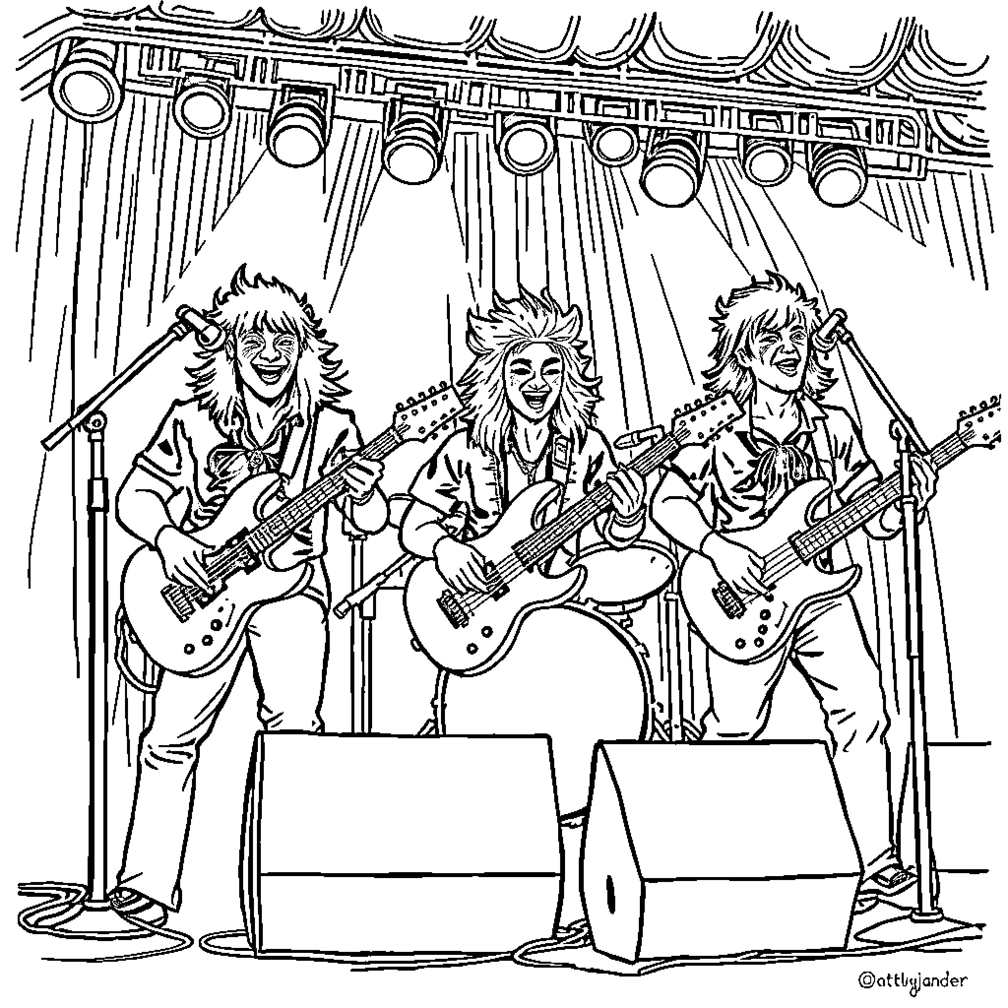 Katseye Rock Band on Stage Coloring Page (free black-and-white line drawing printable PDF for all, from beginners to advanced learners, including children, teens, adults, and seniors)
