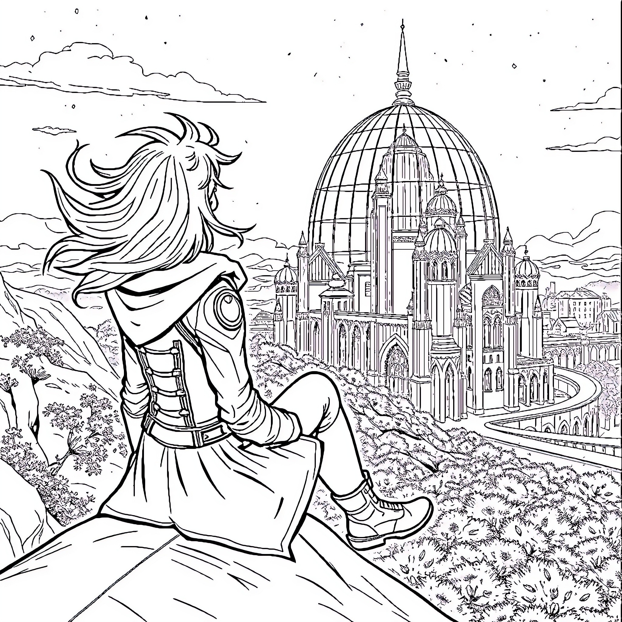 Girl in Fantastical City Gazing Towards the Horizon Coloring Page (free black-and-white line drawing printable PDF for all, from beginners to advanced learners, including children, teens, adults, and seniors)