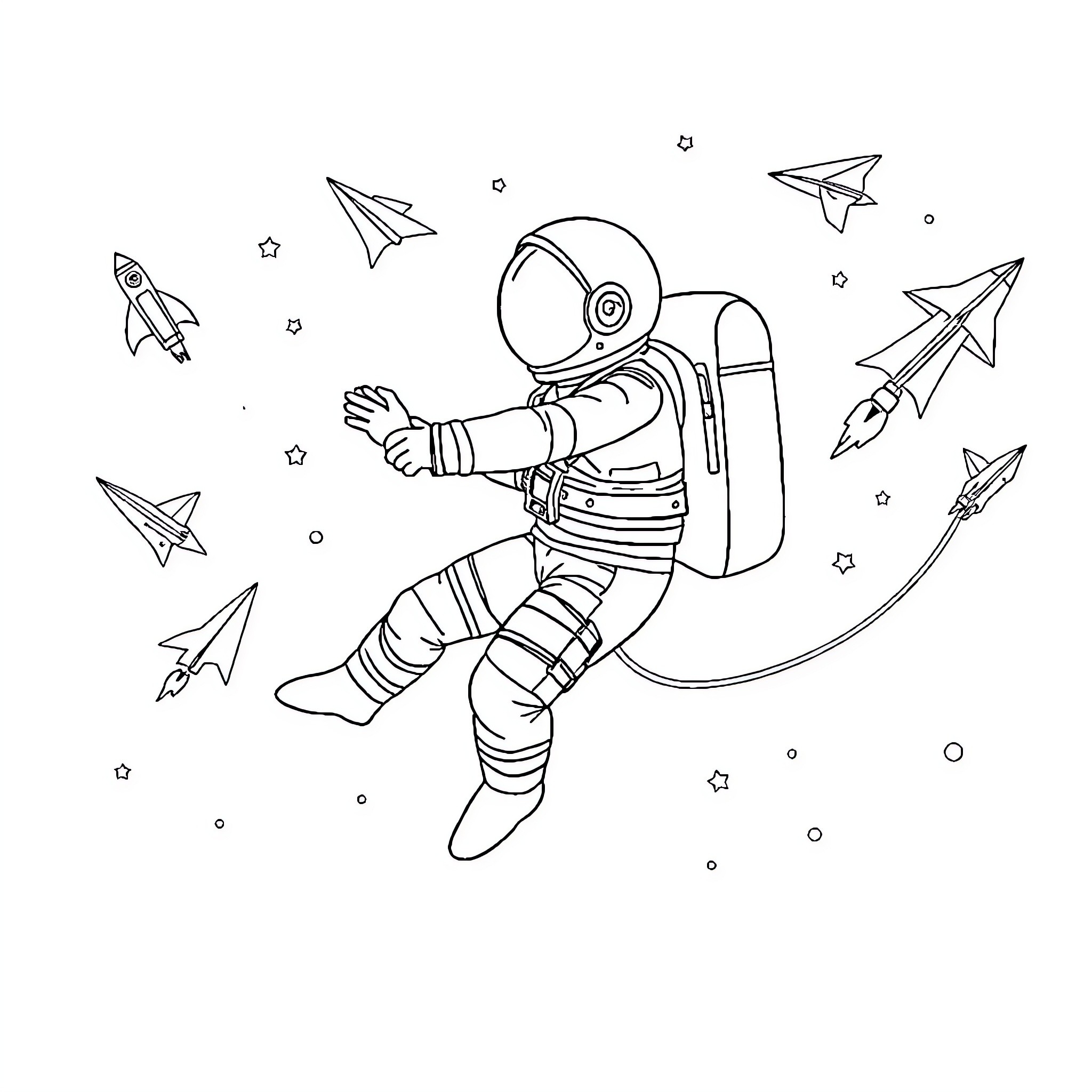 Astronaut floating in space with paper airplanes Coloring Page (free black-and-white line drawing printable PDF for all, from beginners to advanced learners, including children, teens, adults, and seniors)