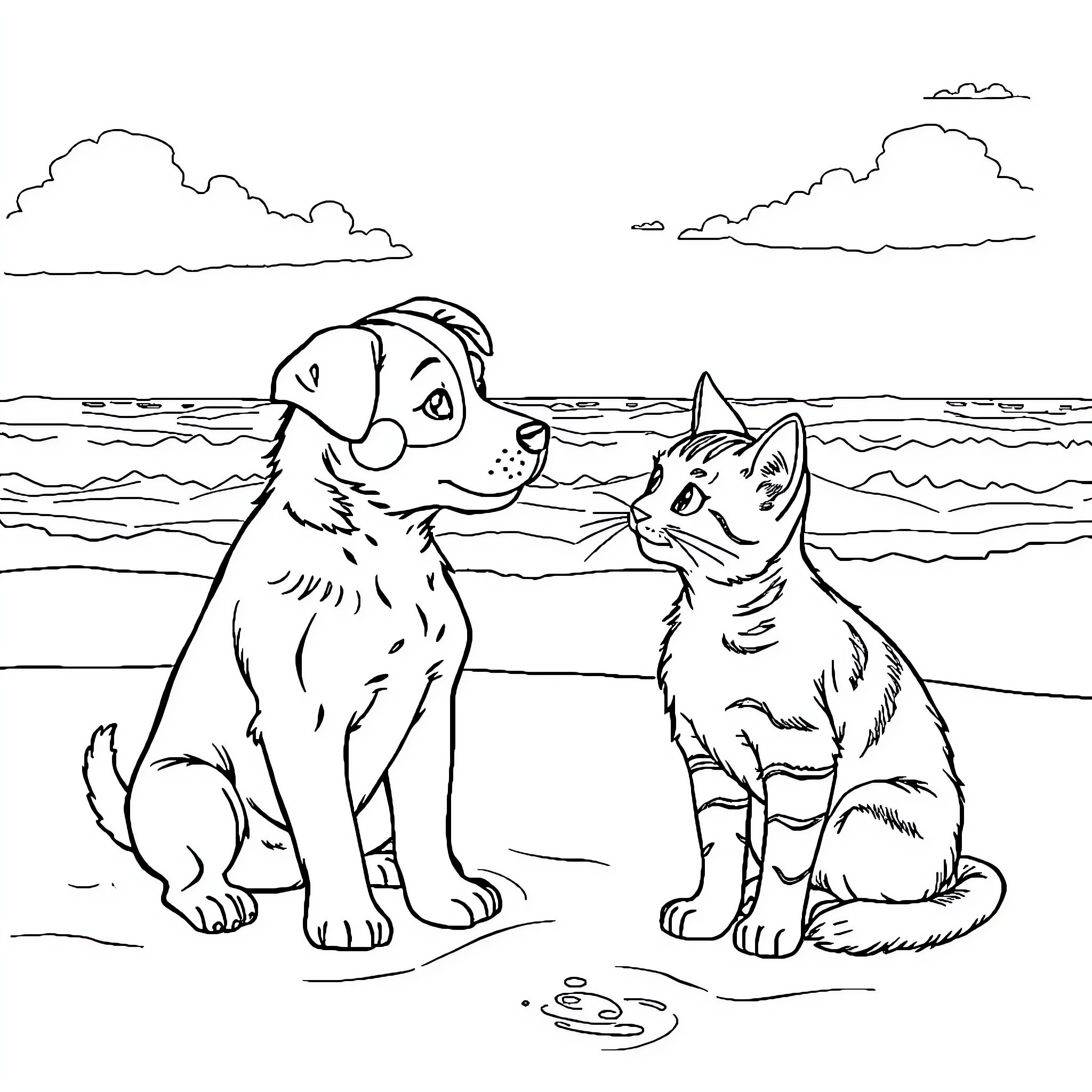 Dog and Cat Enjoying the Beach Coloring Page (free black-and-white line drawing printable PDF for all, from beginners to advanced learners, including children, teens, adults, and seniors)