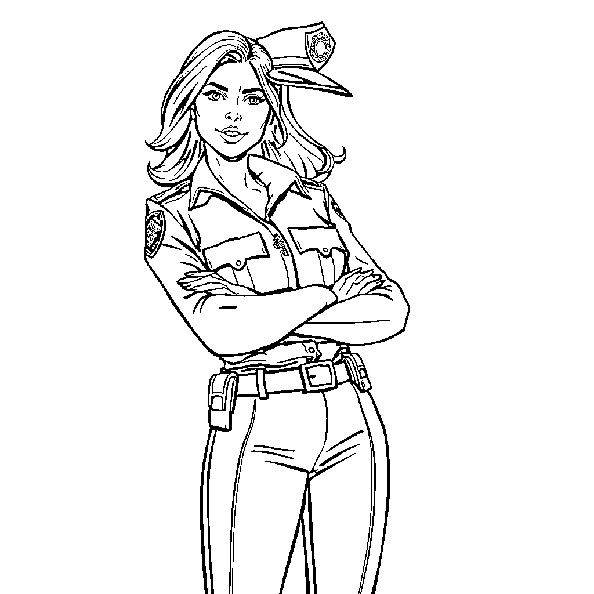 Olivia Benson standing confidently in uniform Coloring Page (free black-and-white line drawing printable PDF for all, from beginners to advanced learners, including children, teens, adults, and seniors)