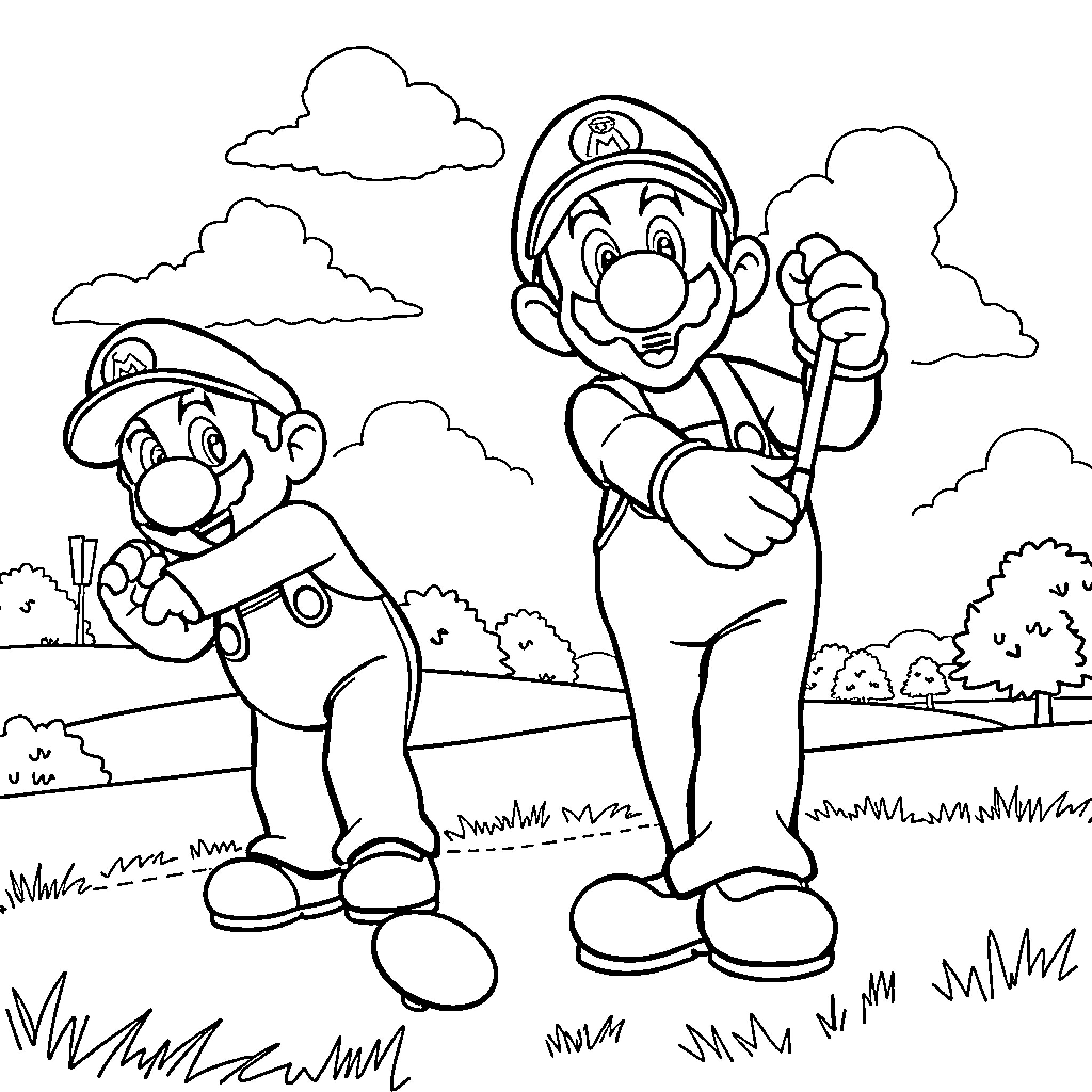 Mario and Luigi Exploring the Outdoors Coloring Page (free black-and-white line drawing printable PDF for all, from beginners to advanced learners, including children, teens, adults, and seniors)