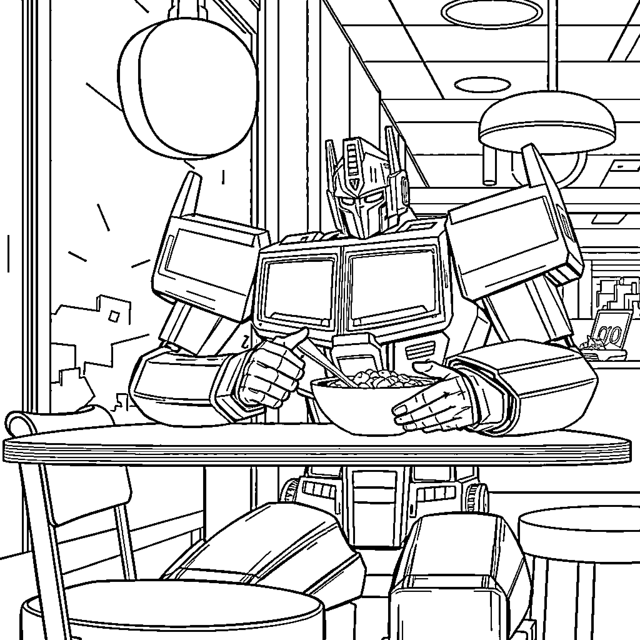 Optimus Prime in a Transformers workshop Coloring Page (free black-and-white line drawing printable PDF for all, from beginners to advanced learners, including children, teens, adults, and seniors)