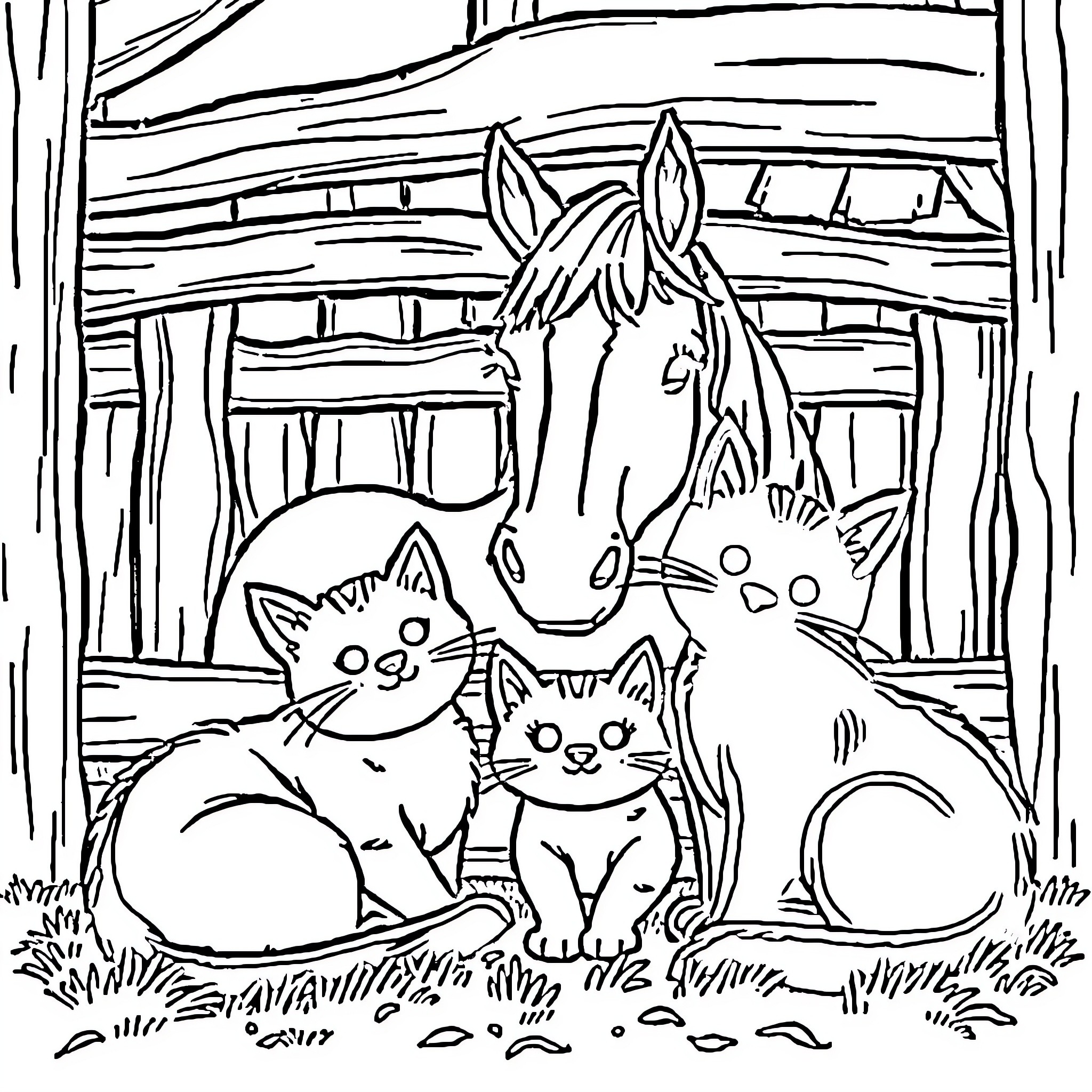 Cat and kittens at the barn with horse Coloring Page (free black-and-white line drawing printable PDF for all, from beginners to advanced learners, including children, teens, adults, and seniors)