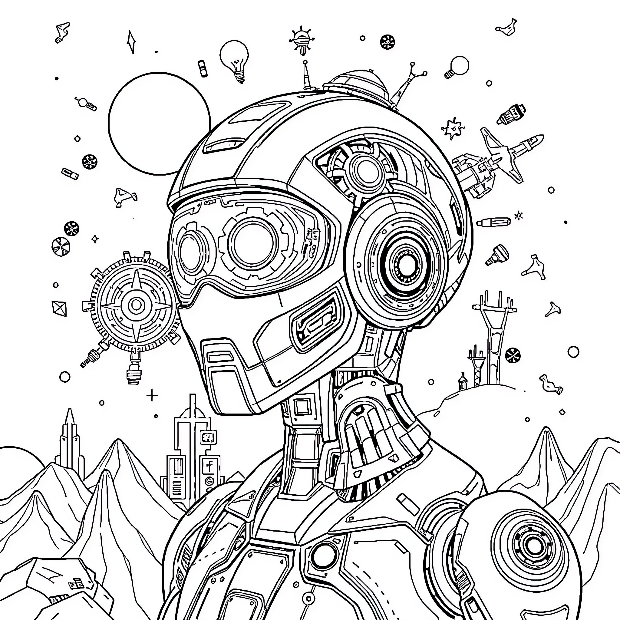 AI Robot Exploring Futuristic Alien Landscape Coloring Page (free black-and-white line drawing printable PDF for all, from beginners to advanced learners, including children, teens, adults, and seniors)