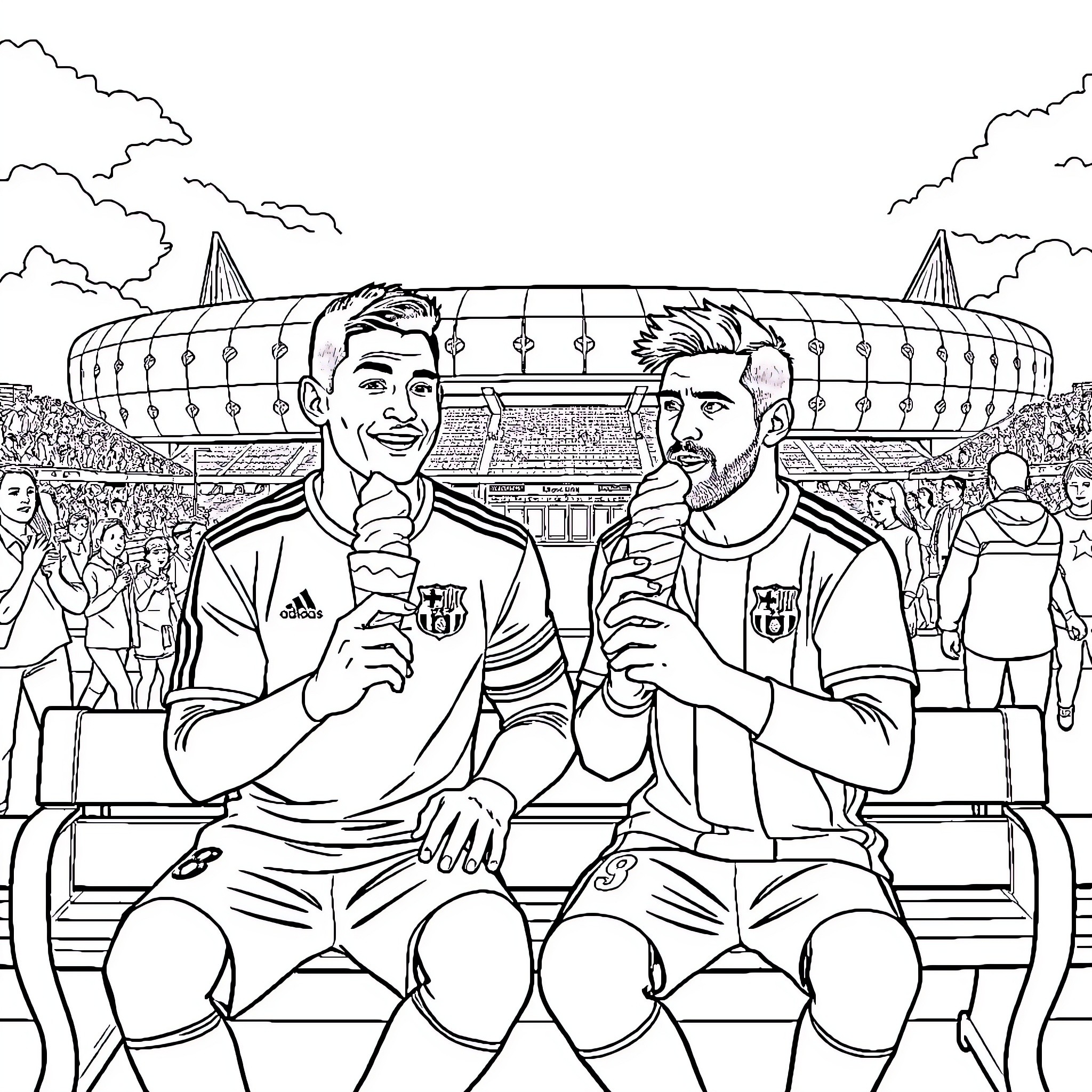 Cristiano Ronaldo and teammates celebrate on the bench Coloring Page (free black-and-white line drawing printable PDF for all, from beginners to advanced learners, including children, teens, adults, and seniors)