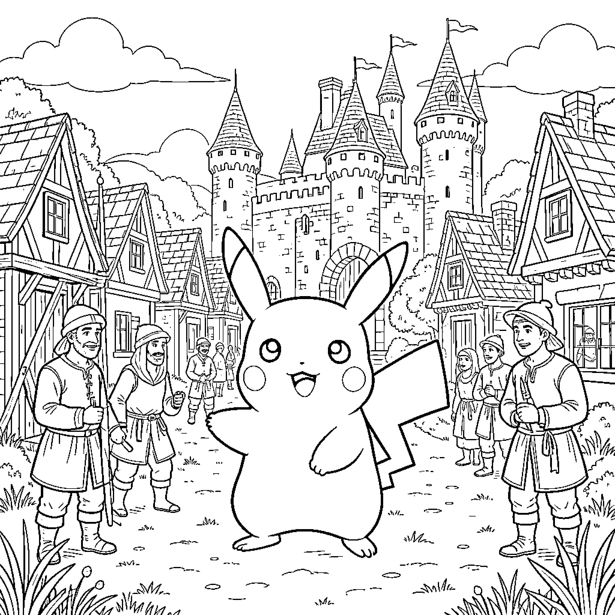 Pikachu standing happily in a medieval village scene Coloring Page (free black-and-white line drawing printable PDF for all, from beginners to advanced learners, including children, teens, adults, and seniors)