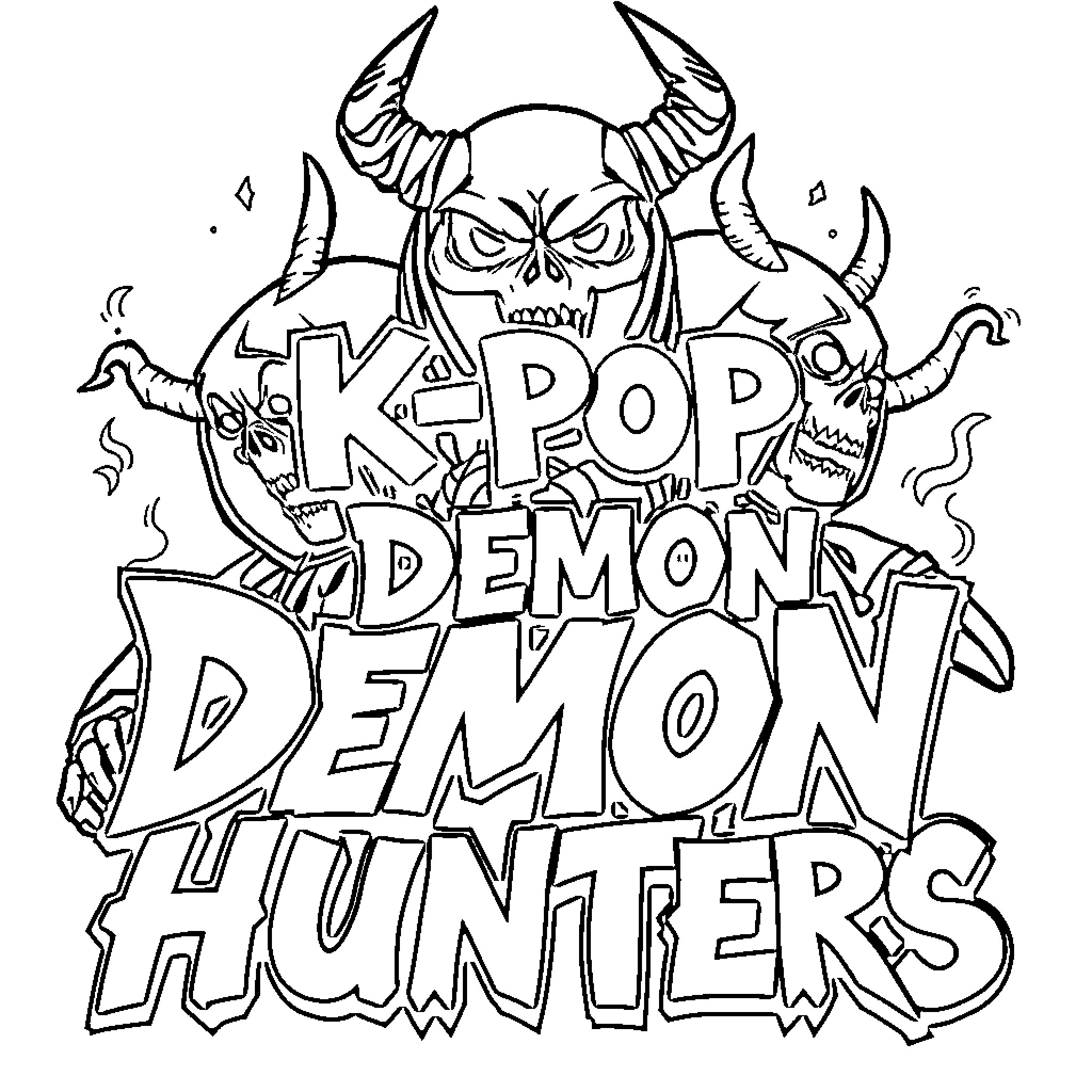 K-POP Demon Hunter: Fierce Warriors with Horns and Fangs Coloring Page (free black-and-white line drawing printable PDF for all, from beginners to advanced learners, including children, teens, adults, and seniors)