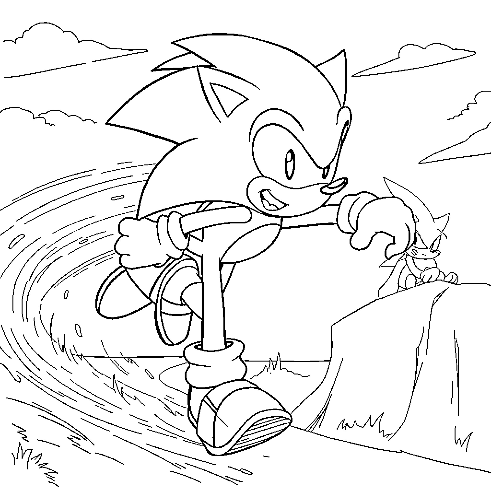 Sonic's Speedy Adventure in the Countryside Coloring Page (free black-and-white line drawing printable PDF for all, from beginners to advanced learners, including children, teens, adults, and seniors)