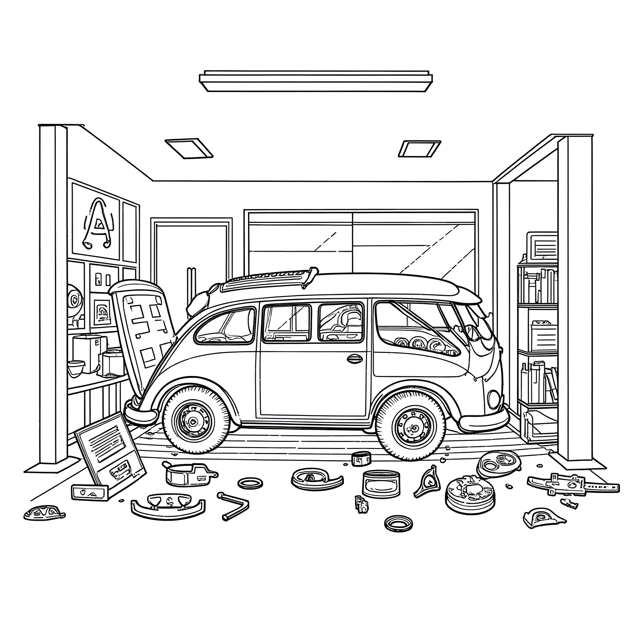 Volkswagen in a Cluttered Garage Workshop Coloring Page (free black-and-white line drawing printable PDF for all, from beginners to advanced learners, including children, teens, adults, and seniors)