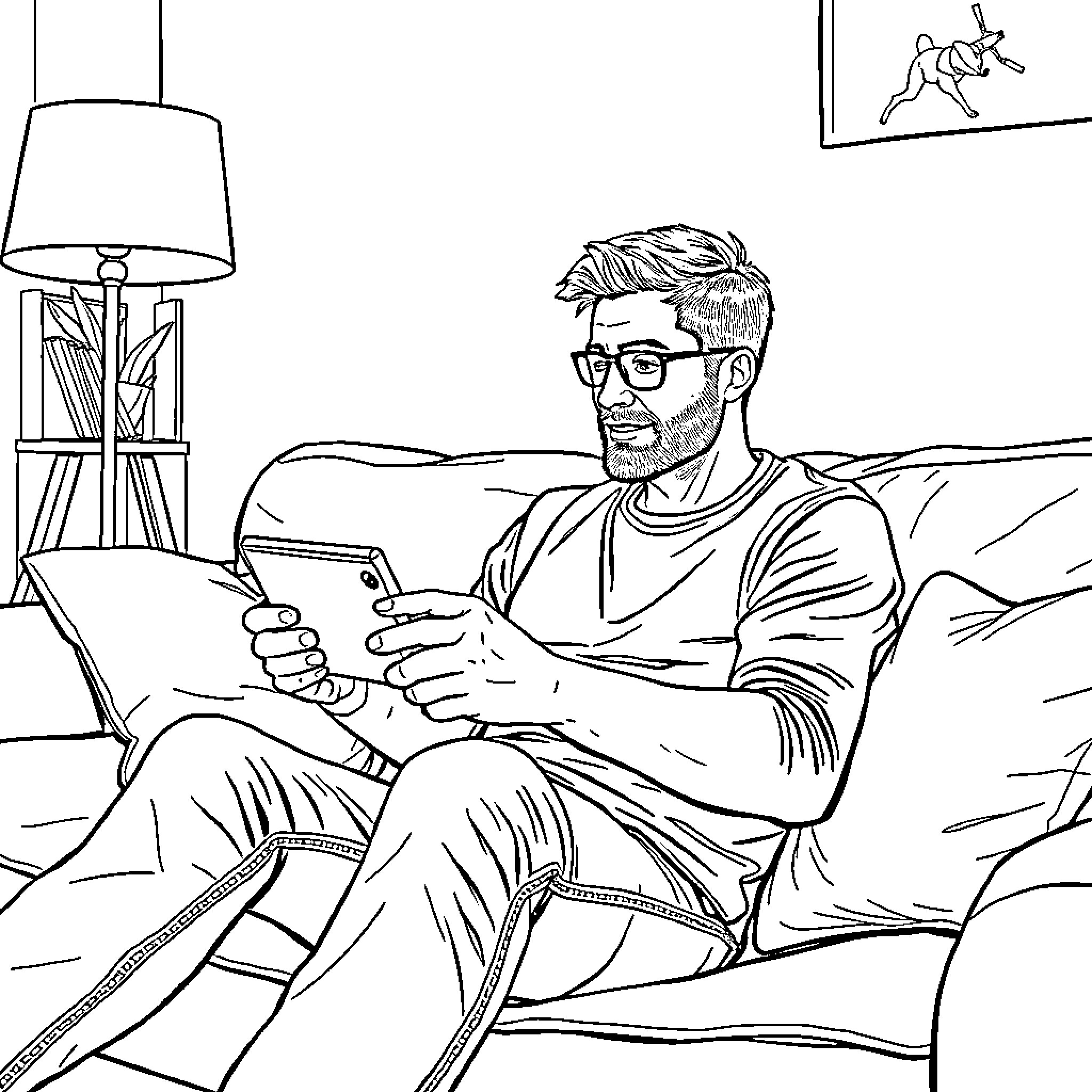 Man relaxing at home with a digital device Coloring Page (free black-and-white line drawing printable PDF for all, from beginners to advanced learners, including children, teens, adults, and seniors)