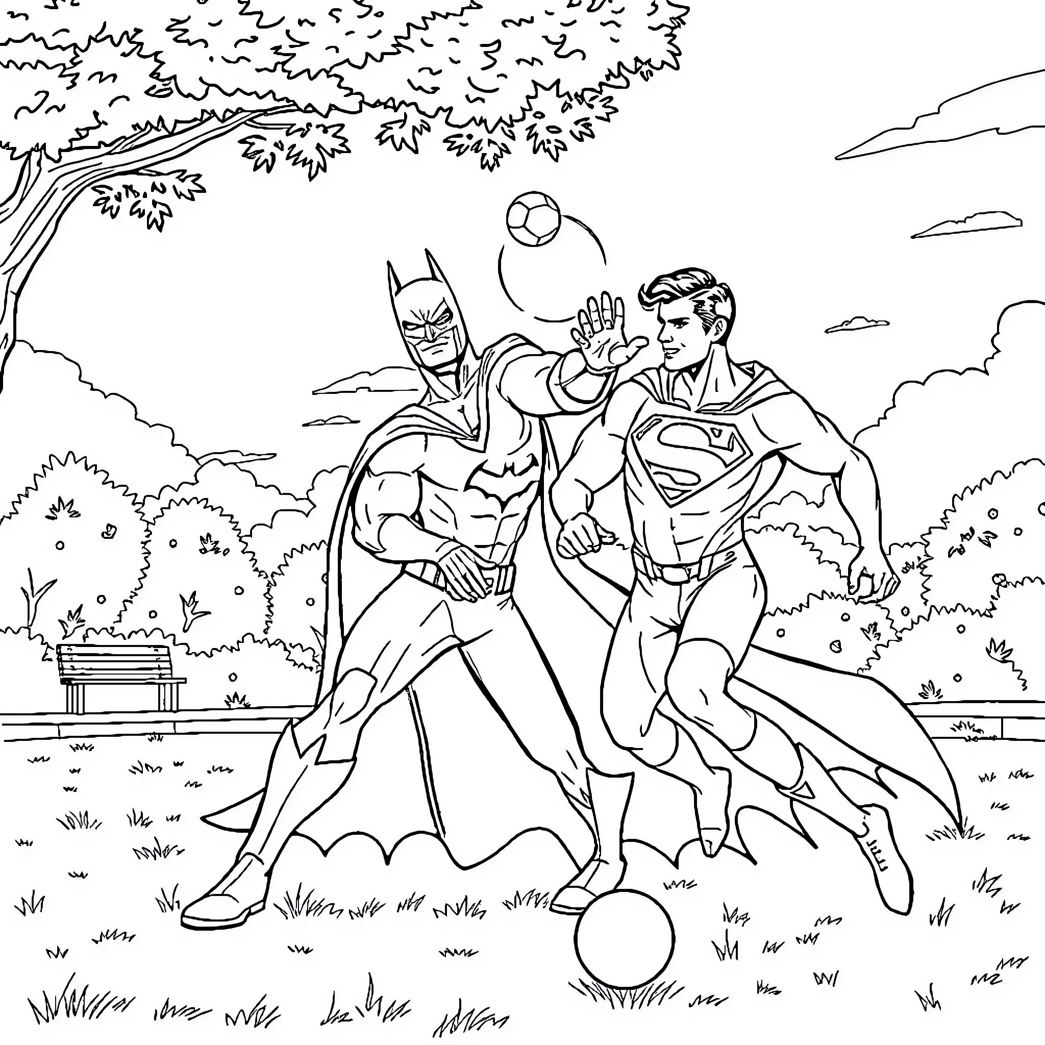 Batman and Superman playing soccer in the park Coloring Page (free black-and-white line drawing printable PDF for all, from beginners to advanced learners, including children, teens, adults, and seniors)