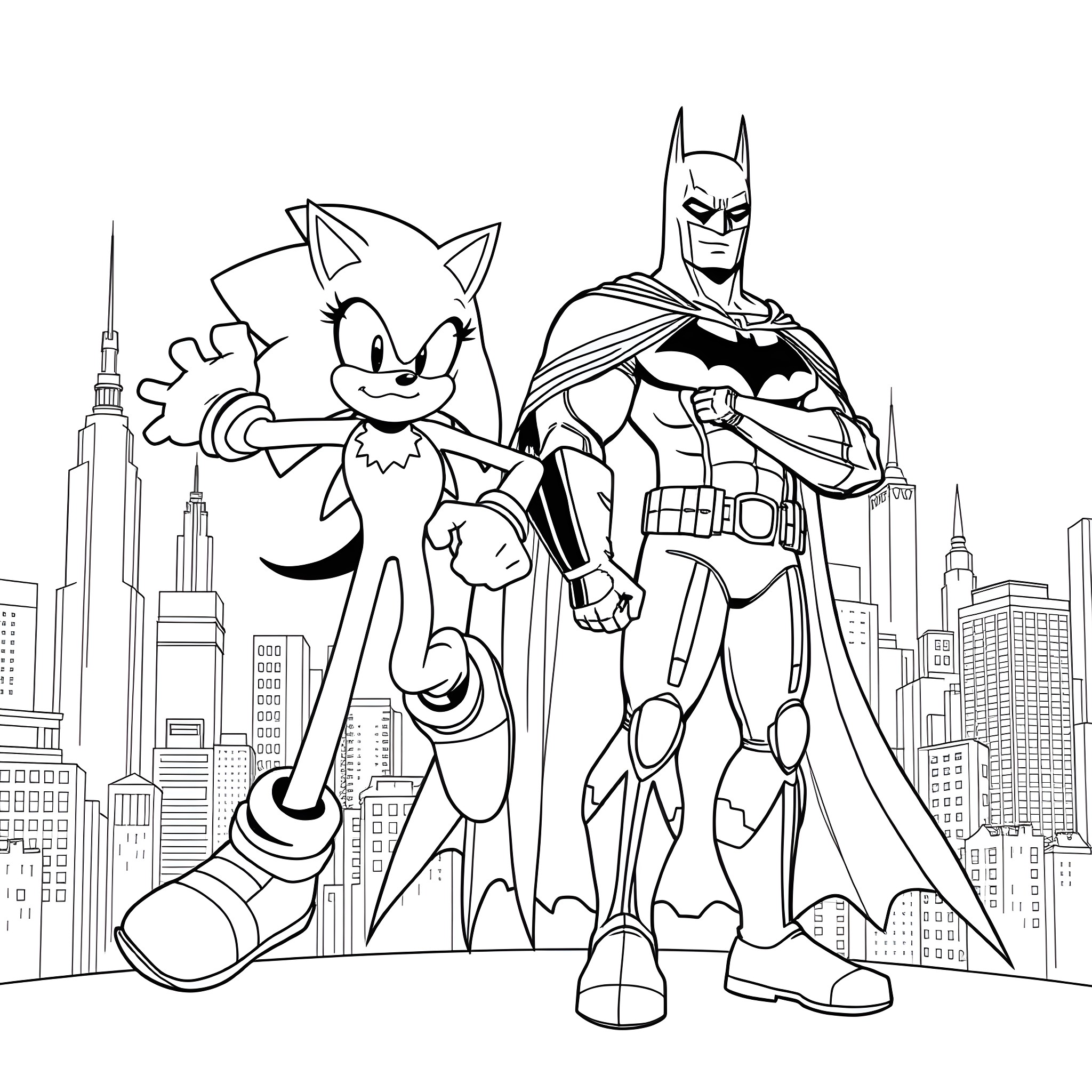 Sonic and Batman in action against the city skyline Coloring Page (free black-and-white line drawing printable PDF for all, from beginners to advanced learners, including children, teens, adults, and seniors)