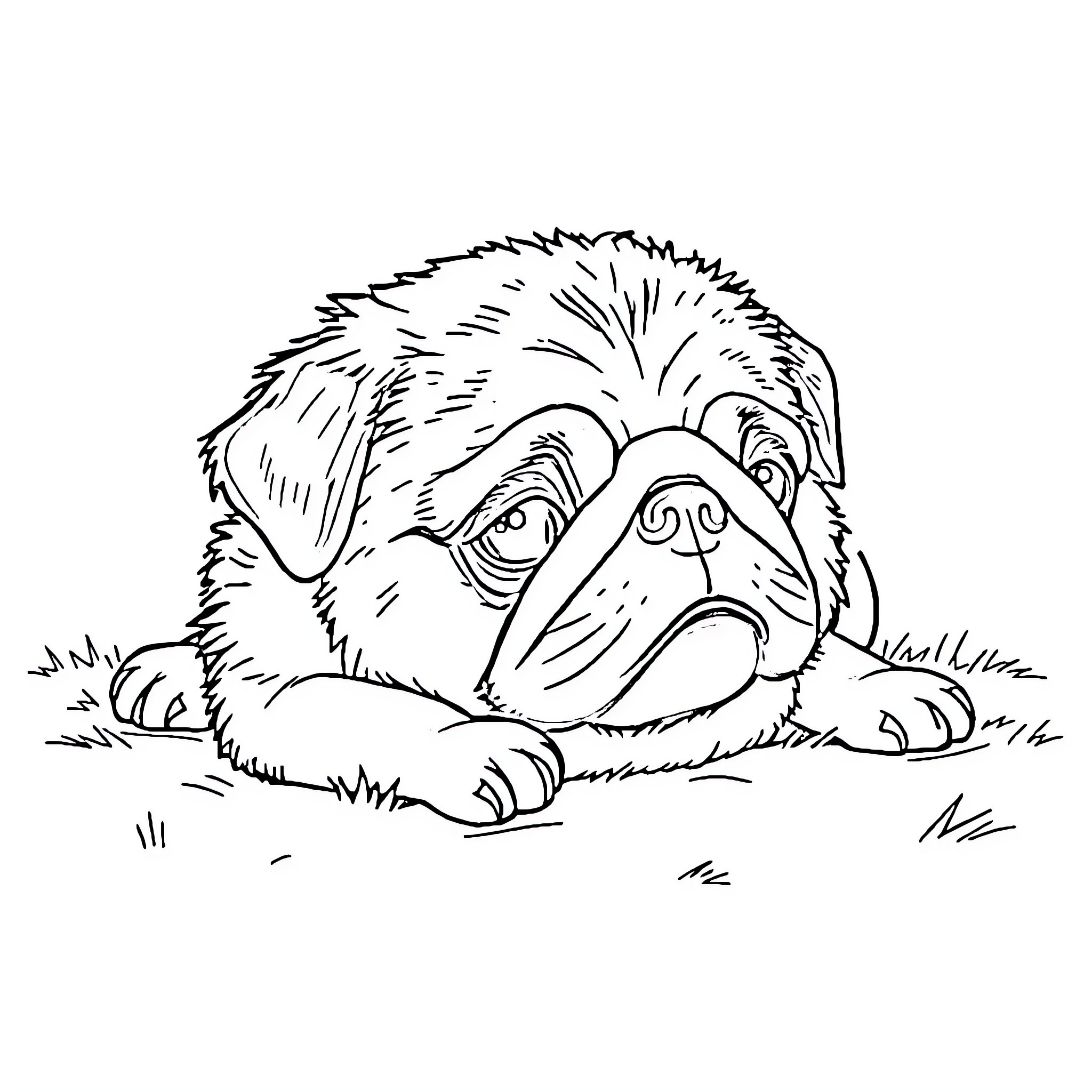 Pekinese dog resting in the grass Coloring Page (free black-and-white line drawing printable PDF for all, from beginners to advanced learners, including children, teens, adults, and seniors)