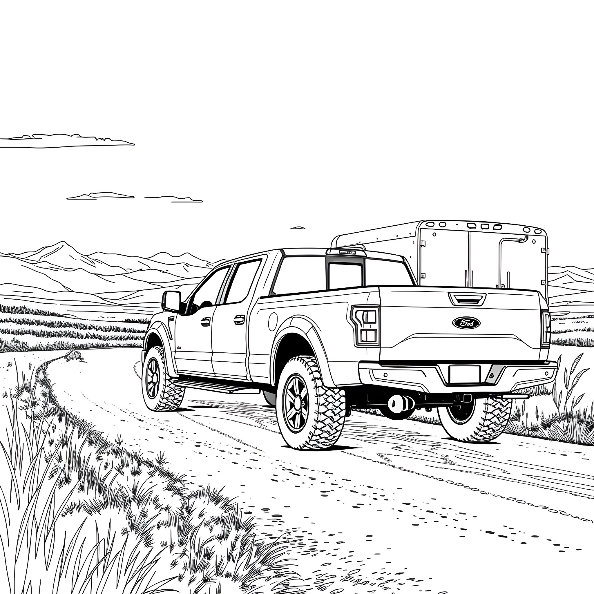 Pickup truck on a rugged mountain road Coloring Page (free black-and-white line drawing printable PDF for all, from beginners to advanced learners, including children, teens, adults, and seniors)