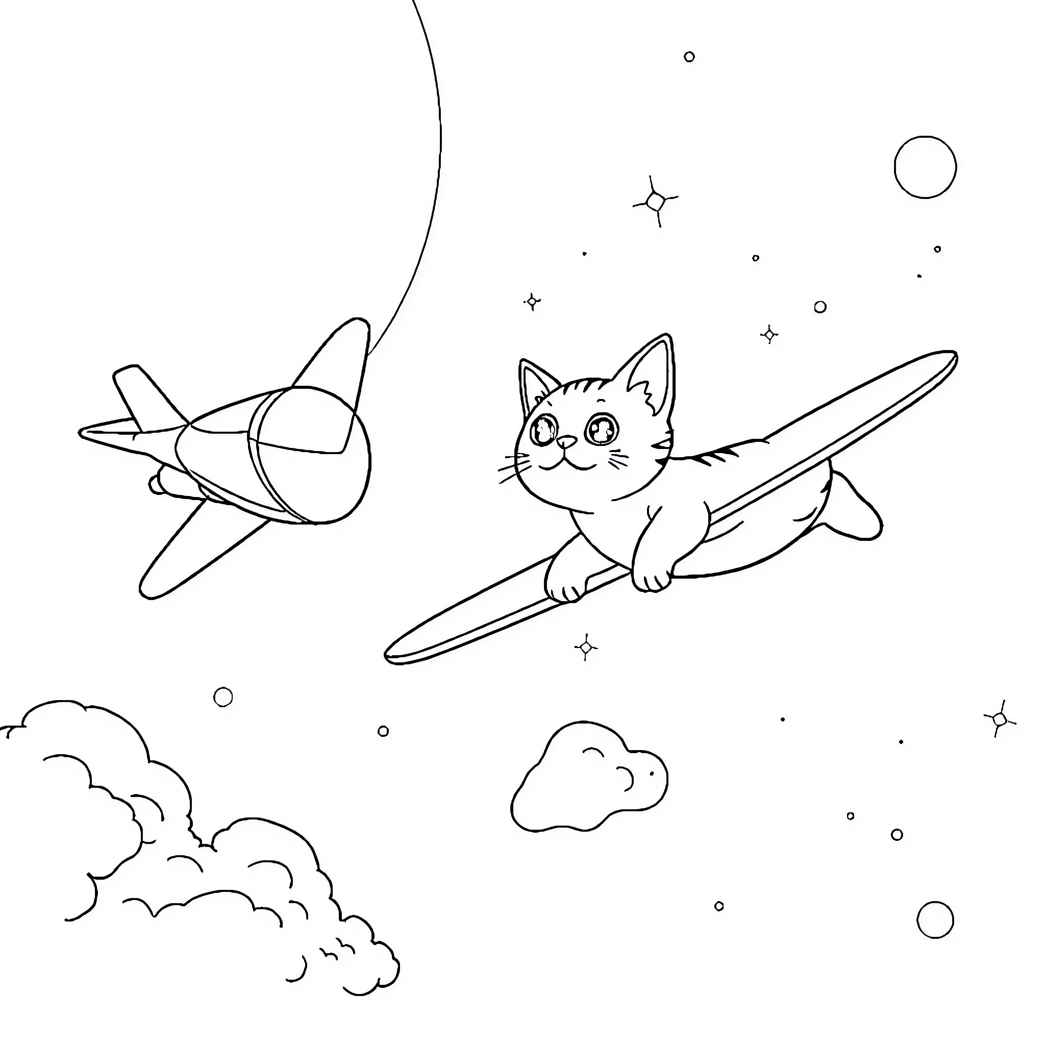 Cat Soaring through the Skies with Airplanes Coloring Page (free black-and-white line drawing printable PDF for all, from beginners to advanced learners, including children, teens, adults, and seniors)