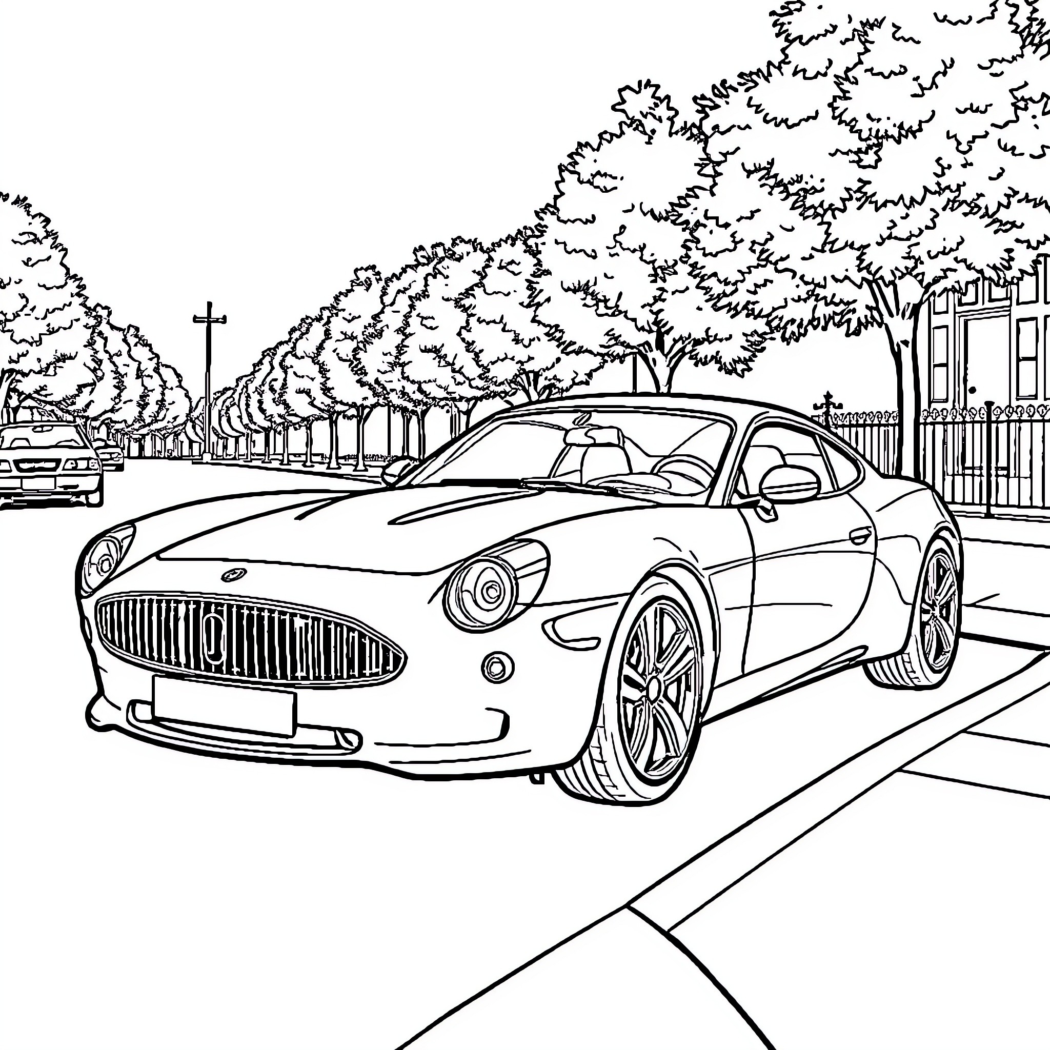 Car parked on city street with trees Coloring Page (free black-and-white line drawing printable PDF for all, from beginners to advanced learners, including children, teens, adults, and seniors)